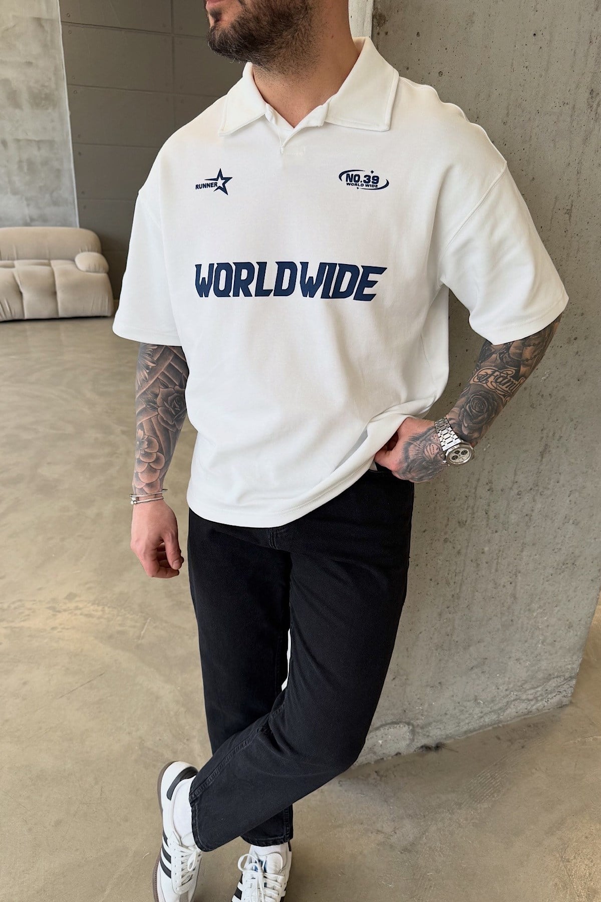 Beyaz Worldwide Polo Yaka T-Shirt