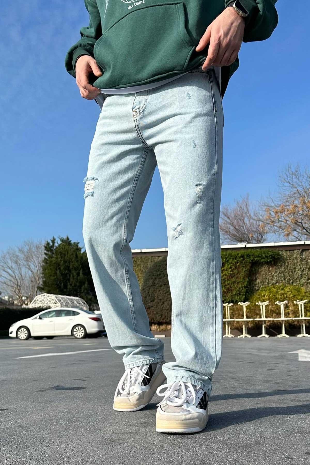 Buz Mavisi Yırtık Detaylı Baggy Jean