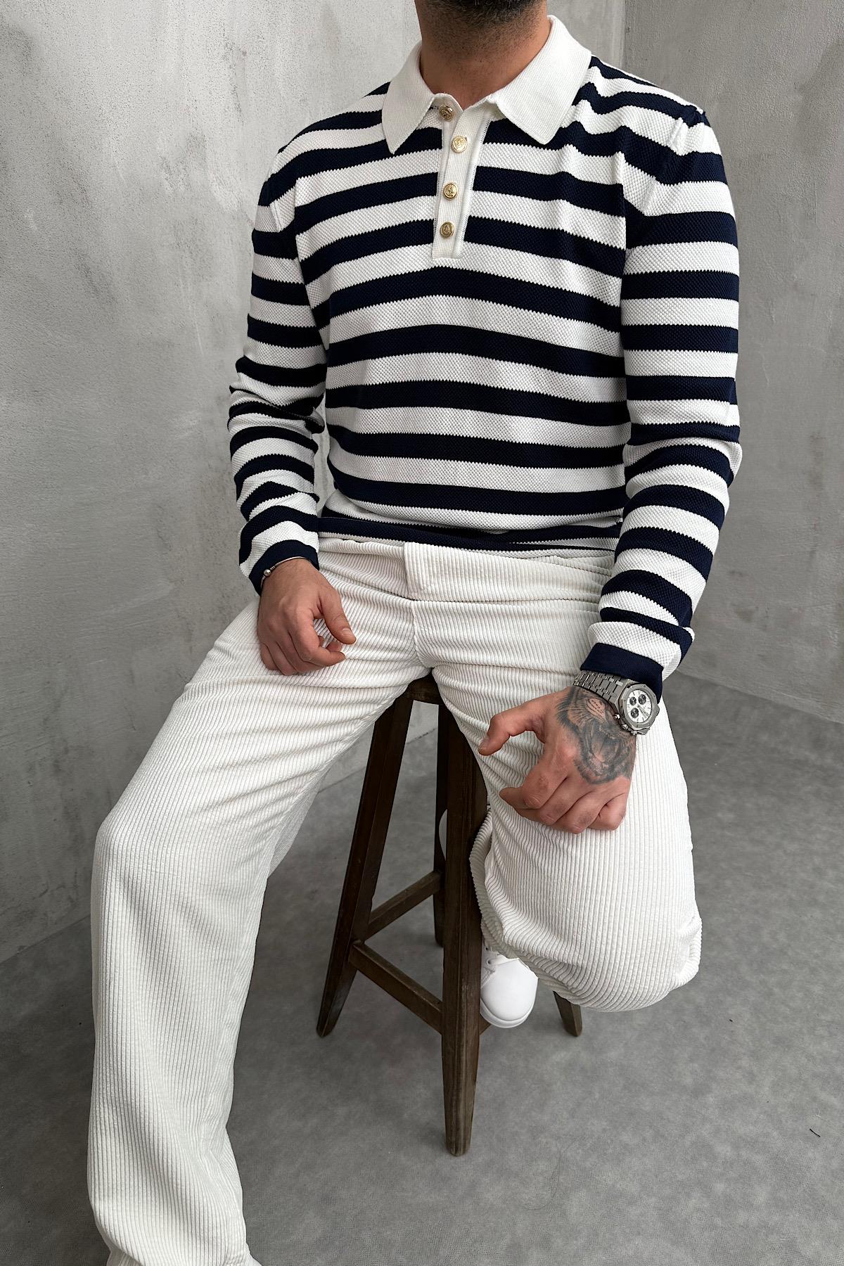 Çizgili Gold Düğmeli Polo Yaka Sweat