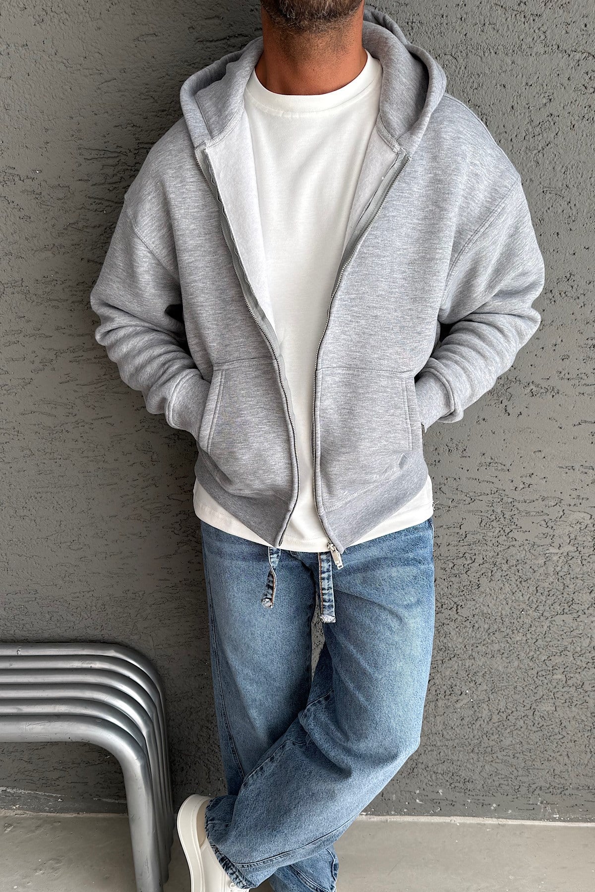 Gri Basic Kapşonlu Zip