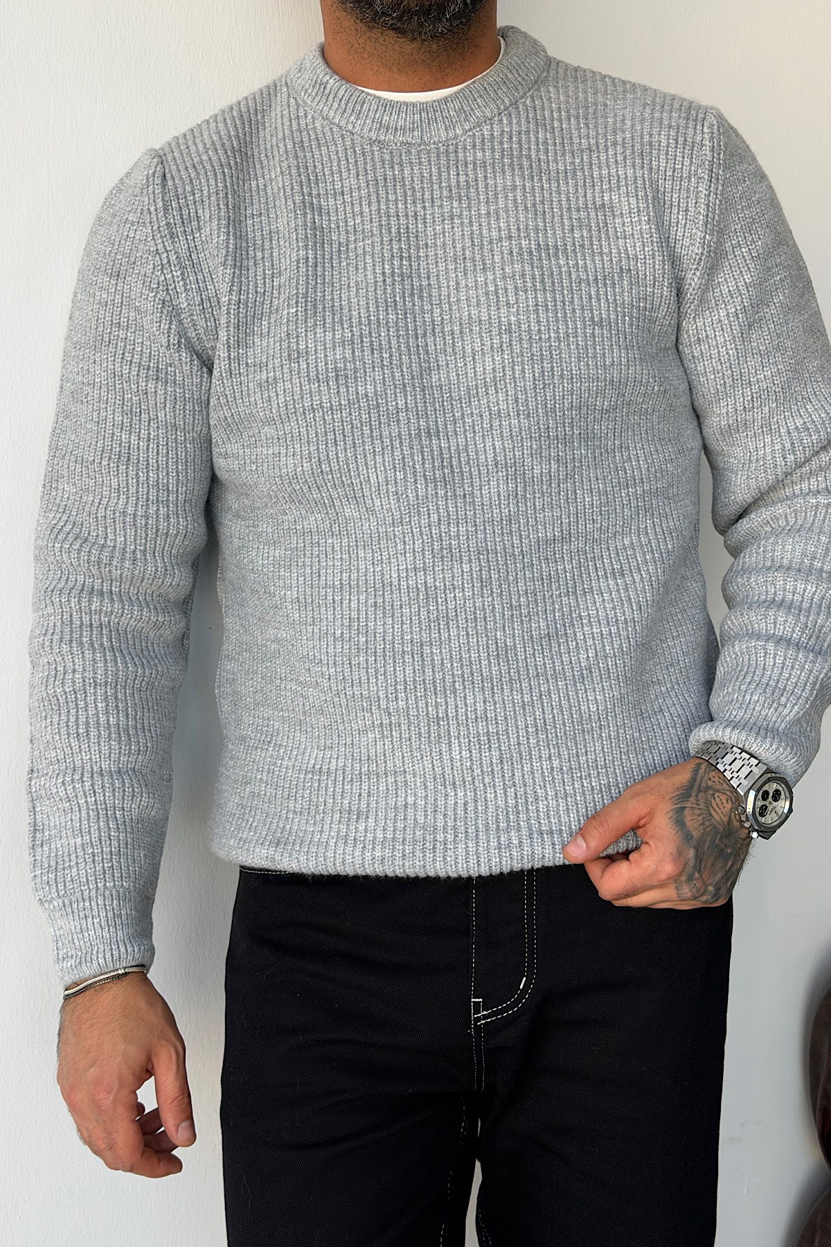 Gri Bisiklet Yaka Fitilli Örgü Kazak