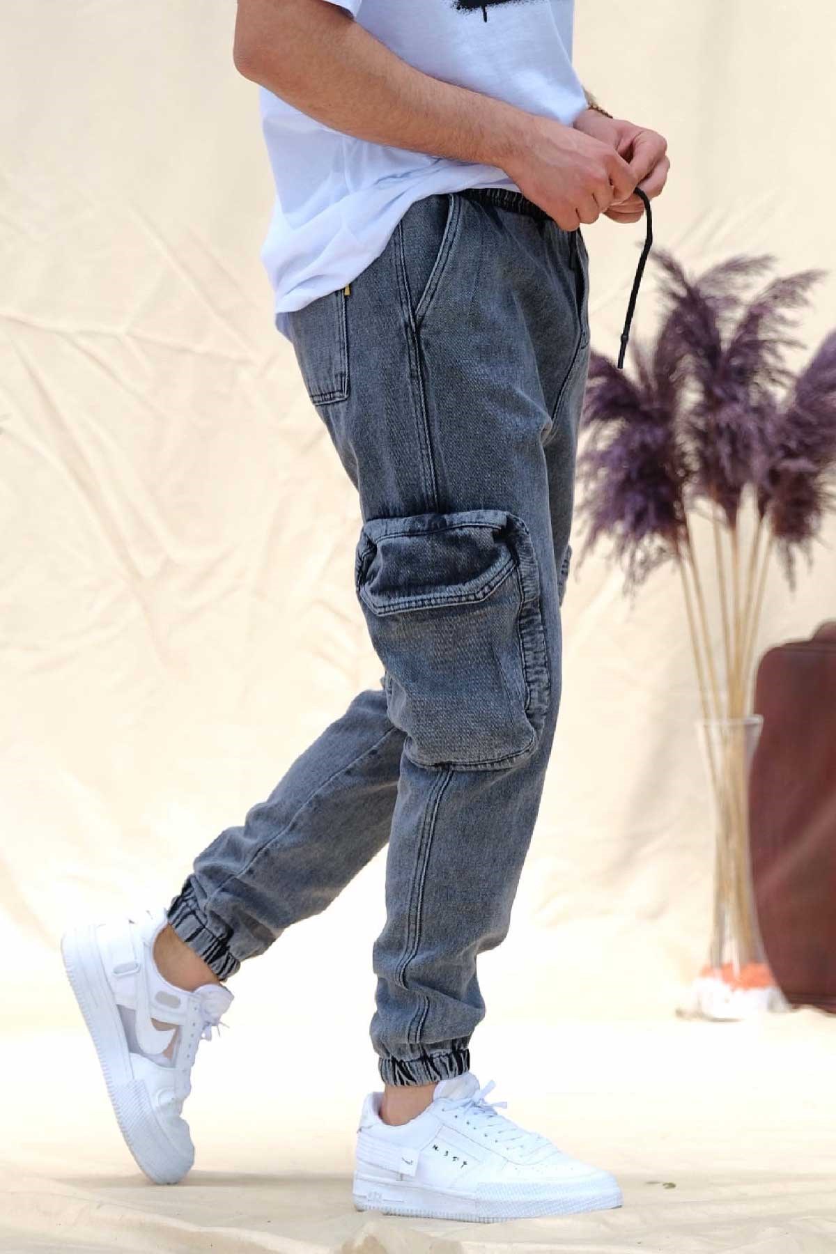 Gri Paçası Lastikli Kargo Pantolon