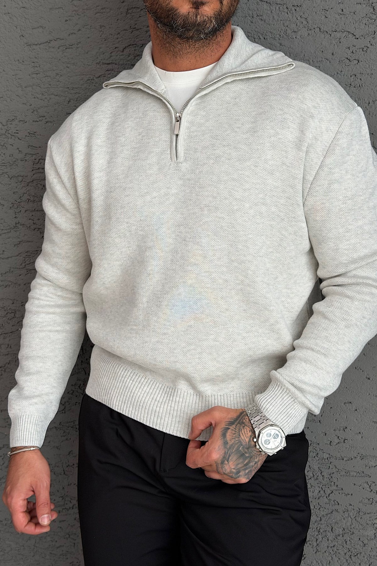 Gri Yarım Fermuarlı Basic Sweatshirt