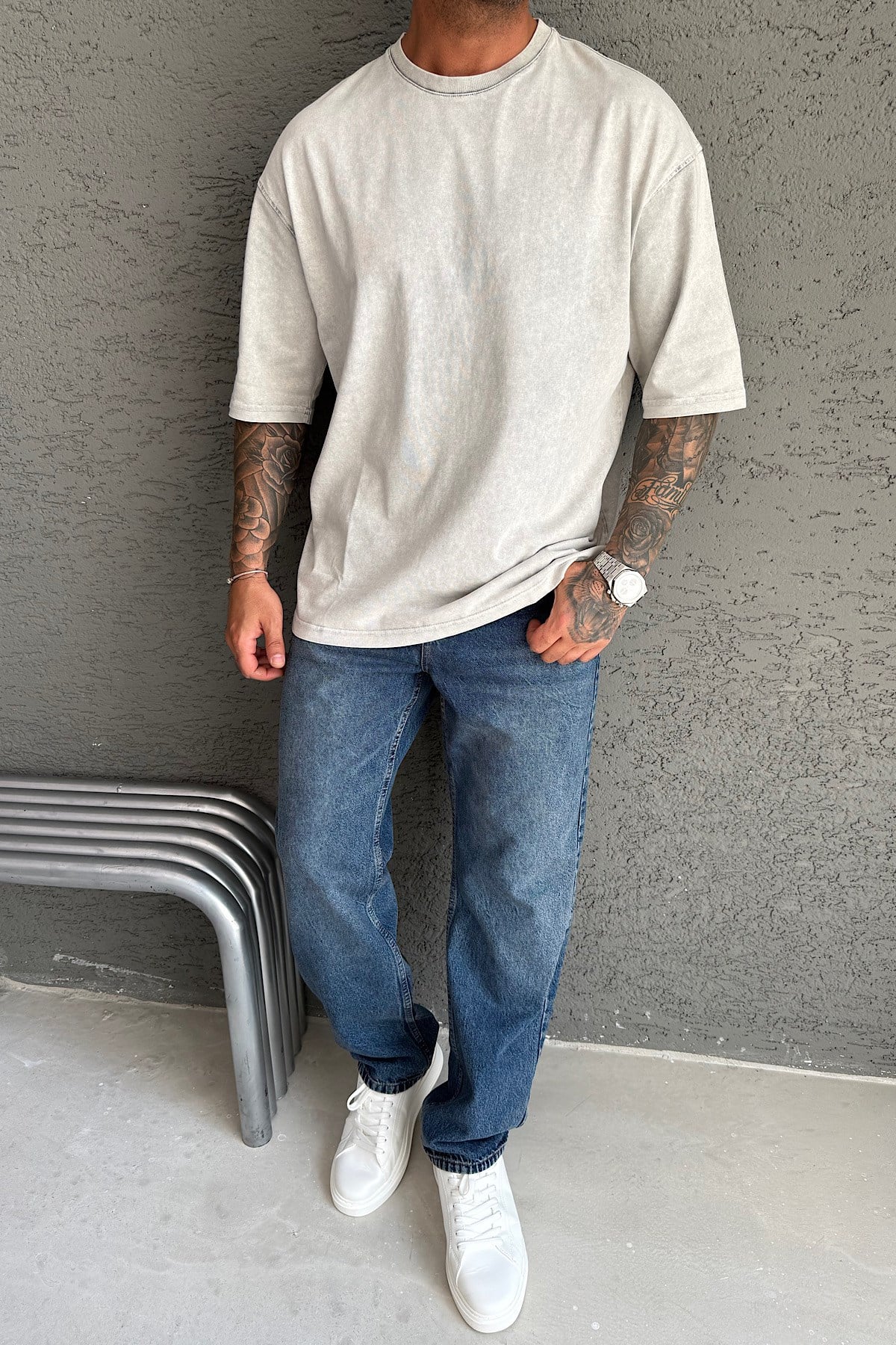 Gri Yıkamalı Basic T-Shirt