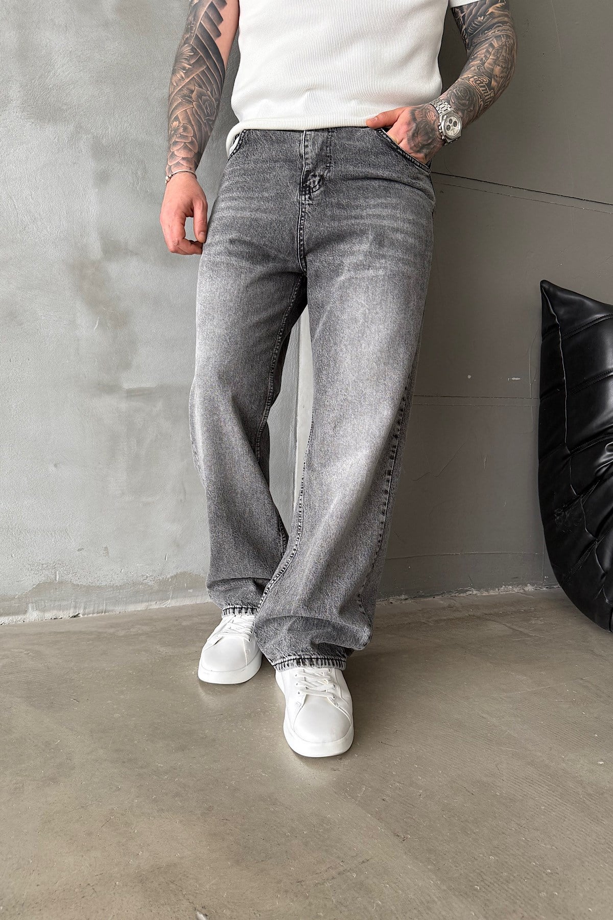 Gri Yıkamalı Relax Baggy Jean
