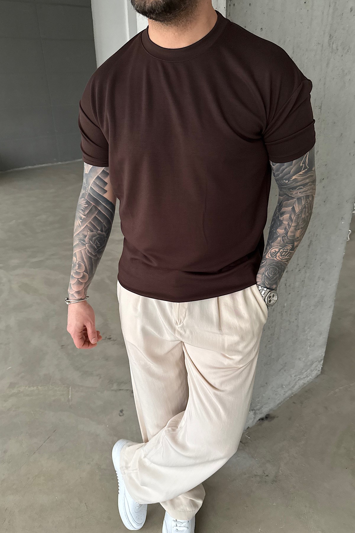 Kahve Rengi Oysho Kumaş Basic T-Shirt