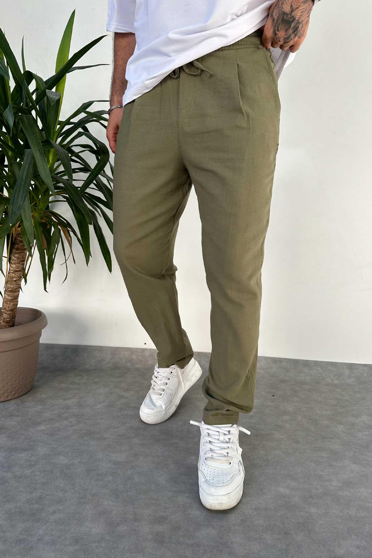 Kahverengi Baggy Kalıp Keten Pantolon