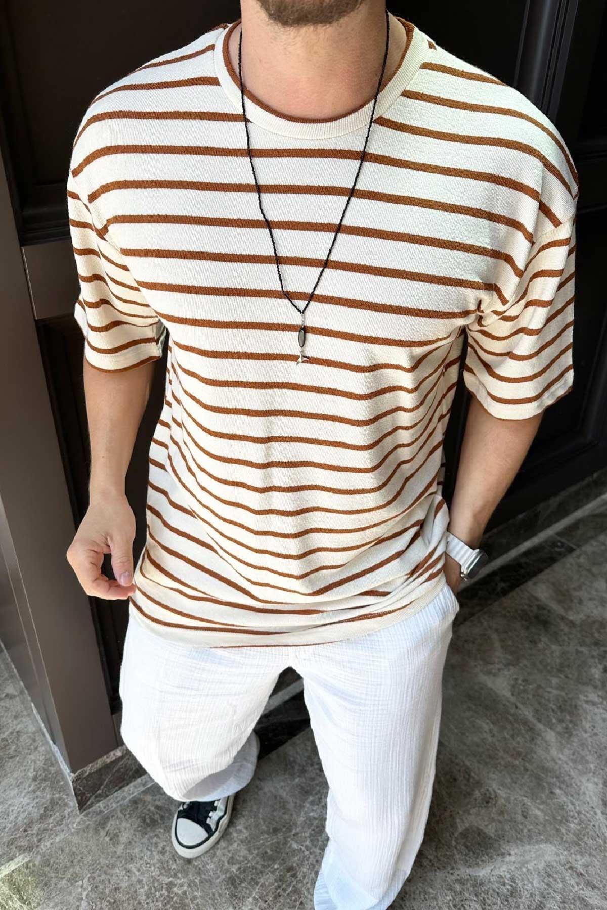 Kahverengi Beyaz Çizgili Oversize T-shirt