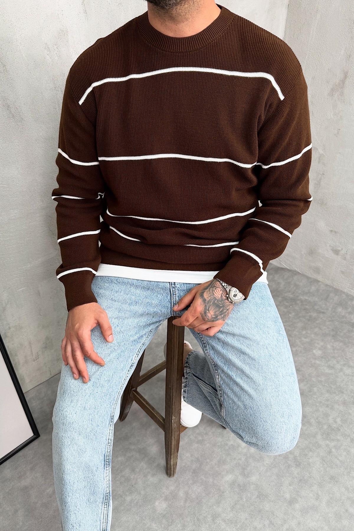 Kahverengi Çizgili Basic Triko