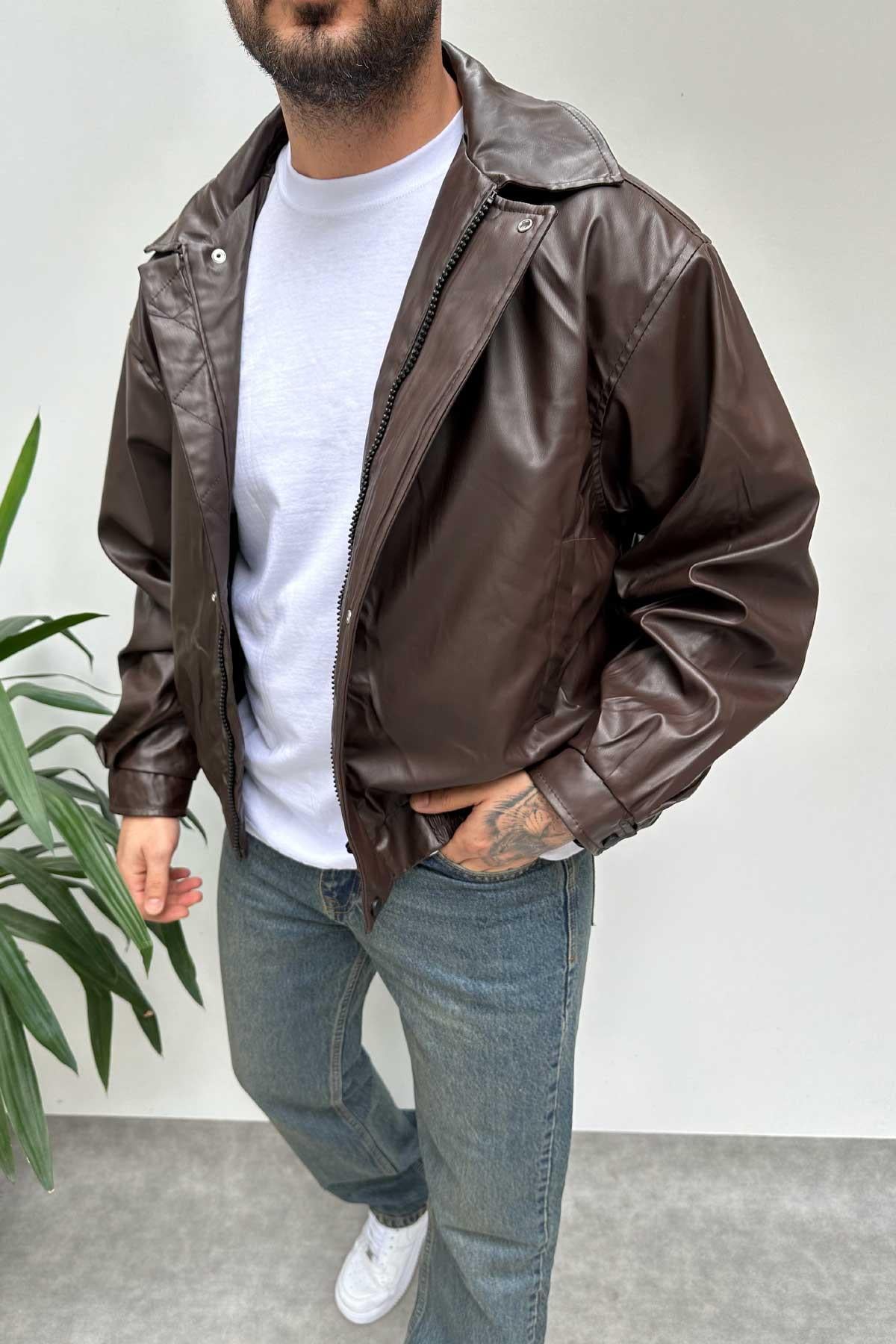 Kahverengi Deri Bomber Ceket