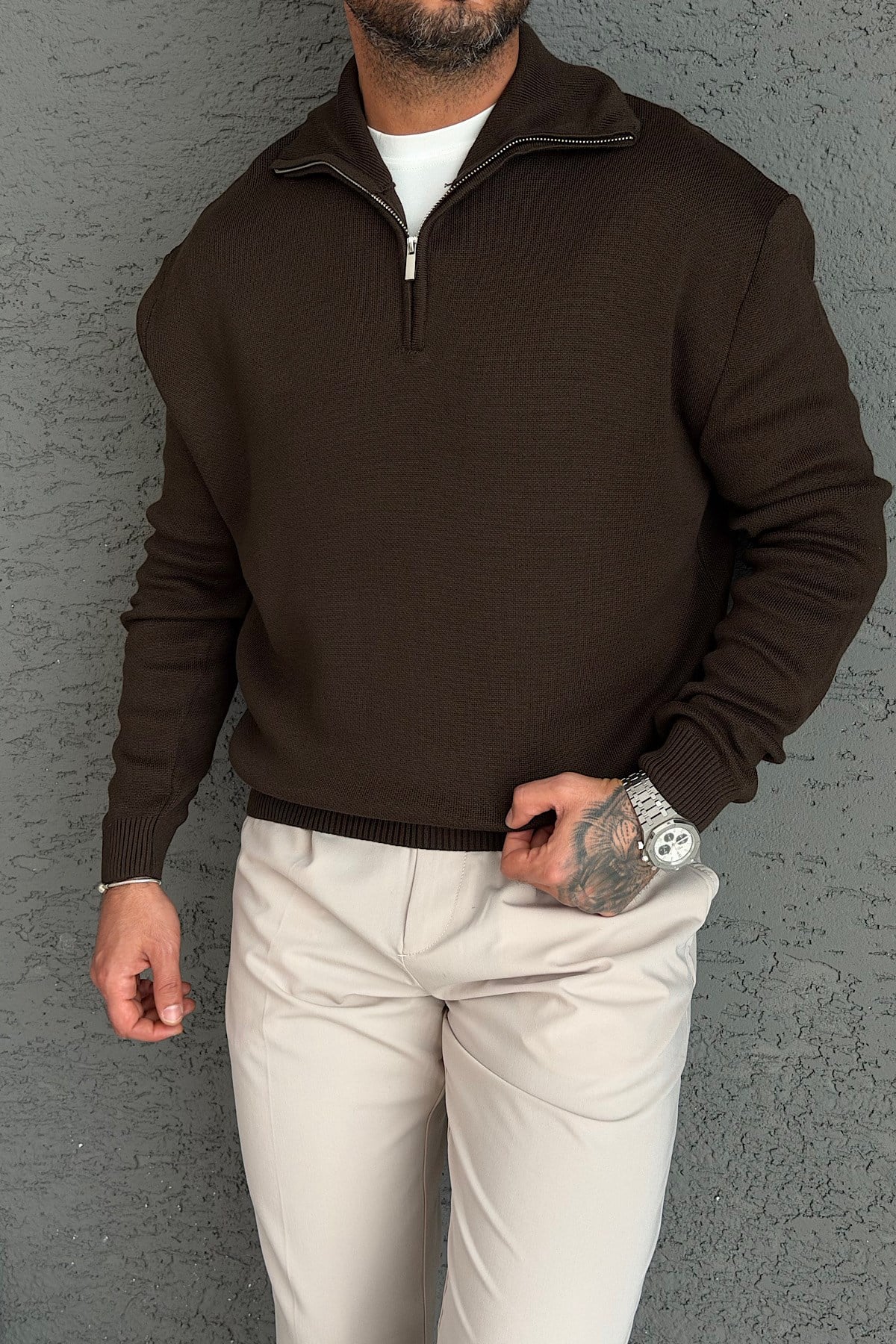 Kahverengi Yarım Fermuarlı Basic Sweatshirt