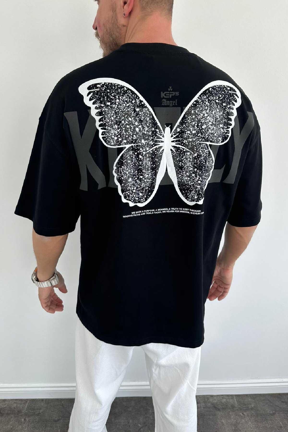 Kelebek Basklı Siya Oversize T-shirt