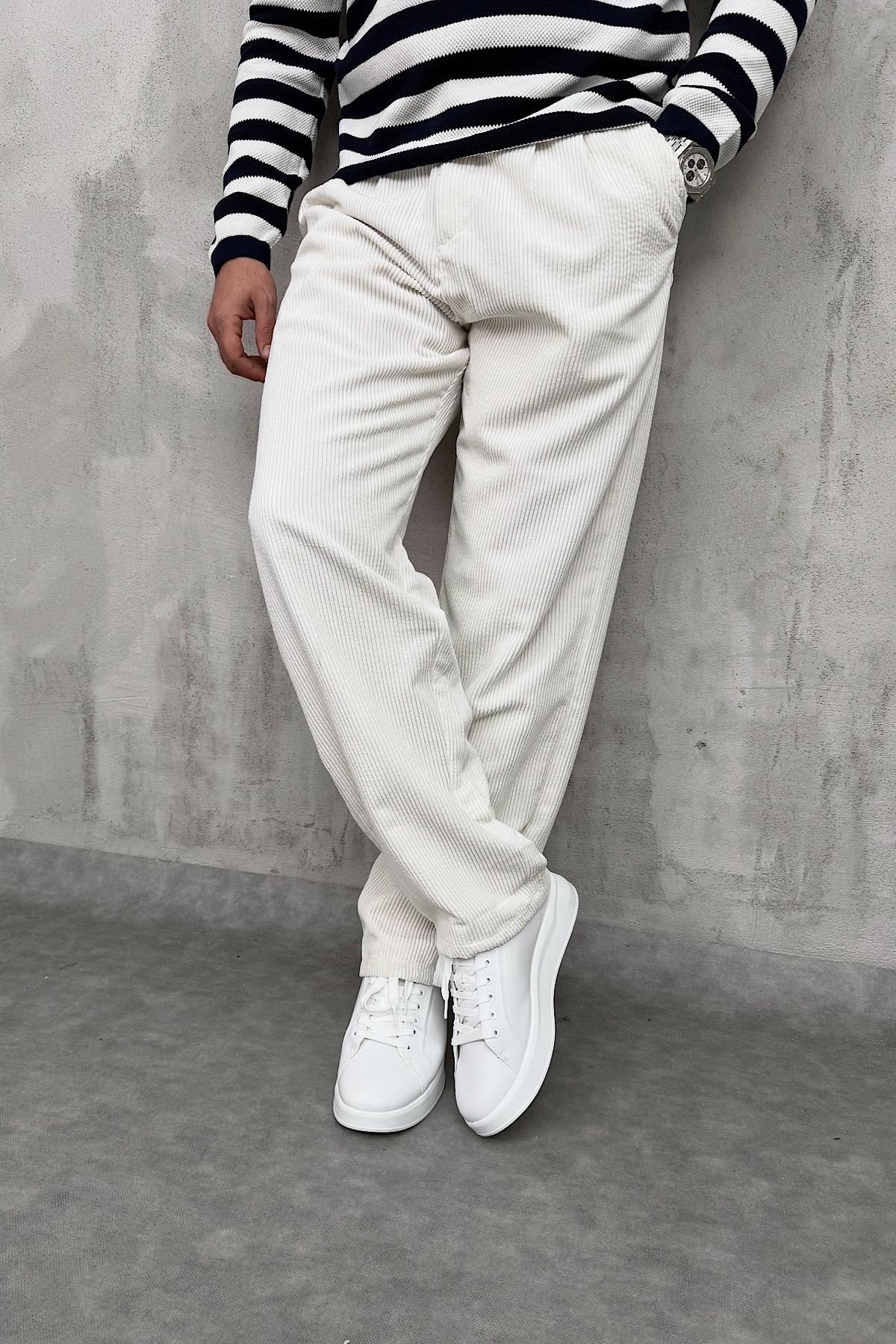 Kırık Beyaz Kadife Baggy Pantolon