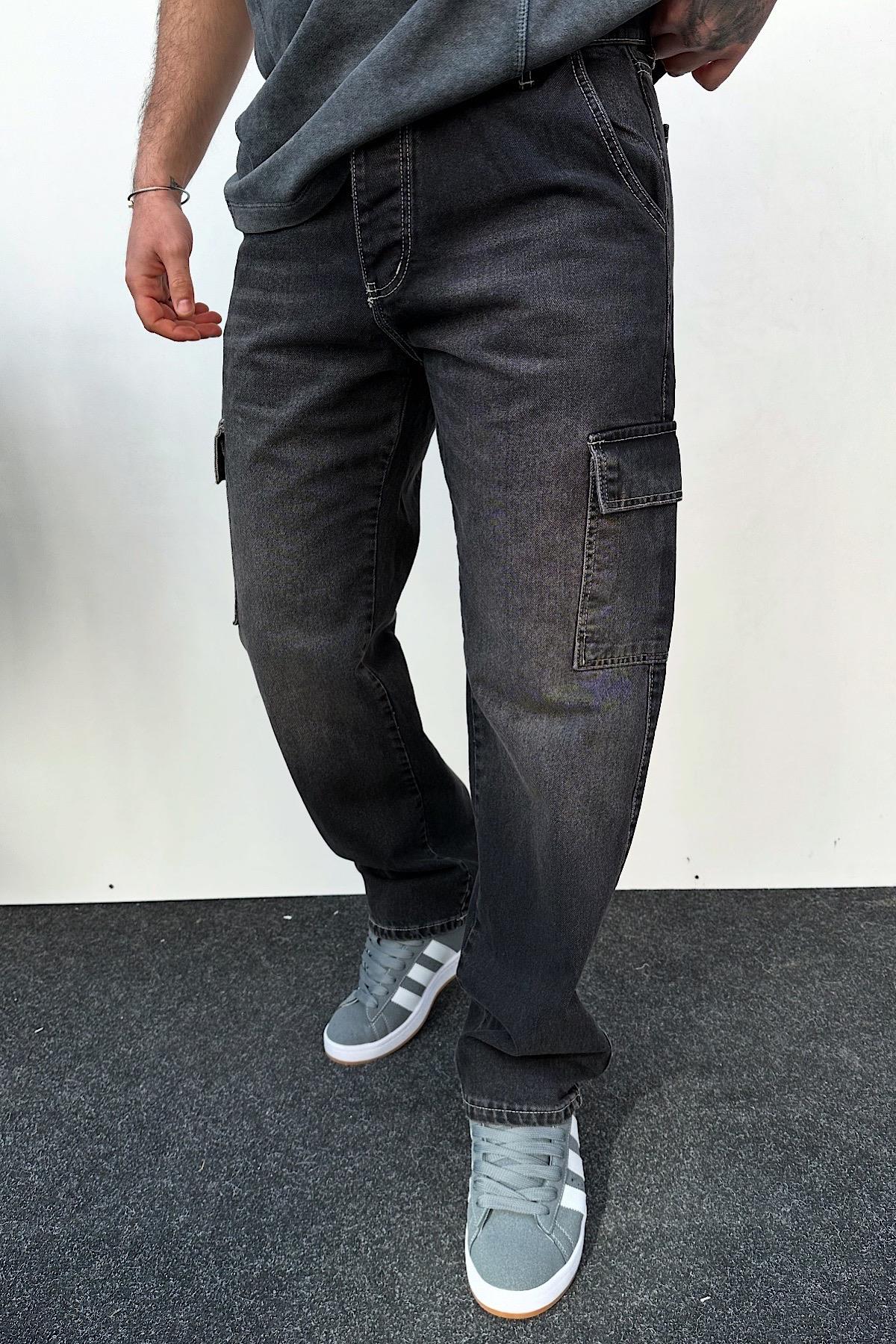 Koyu Gri Eskitme Detaylı Cepli Baggy Pantolon 