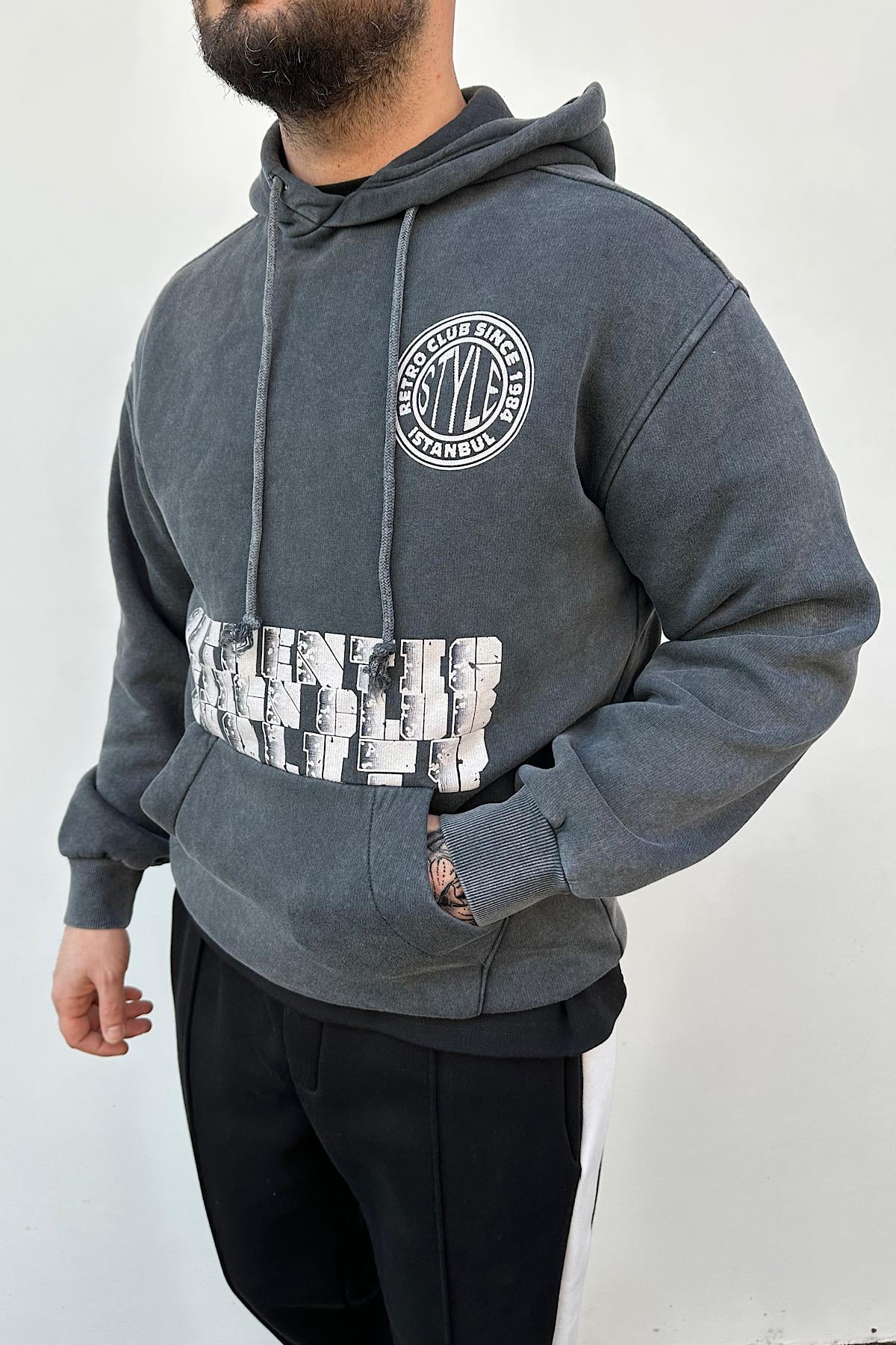 Koyu Gri Kapşonlu Swaetshirt