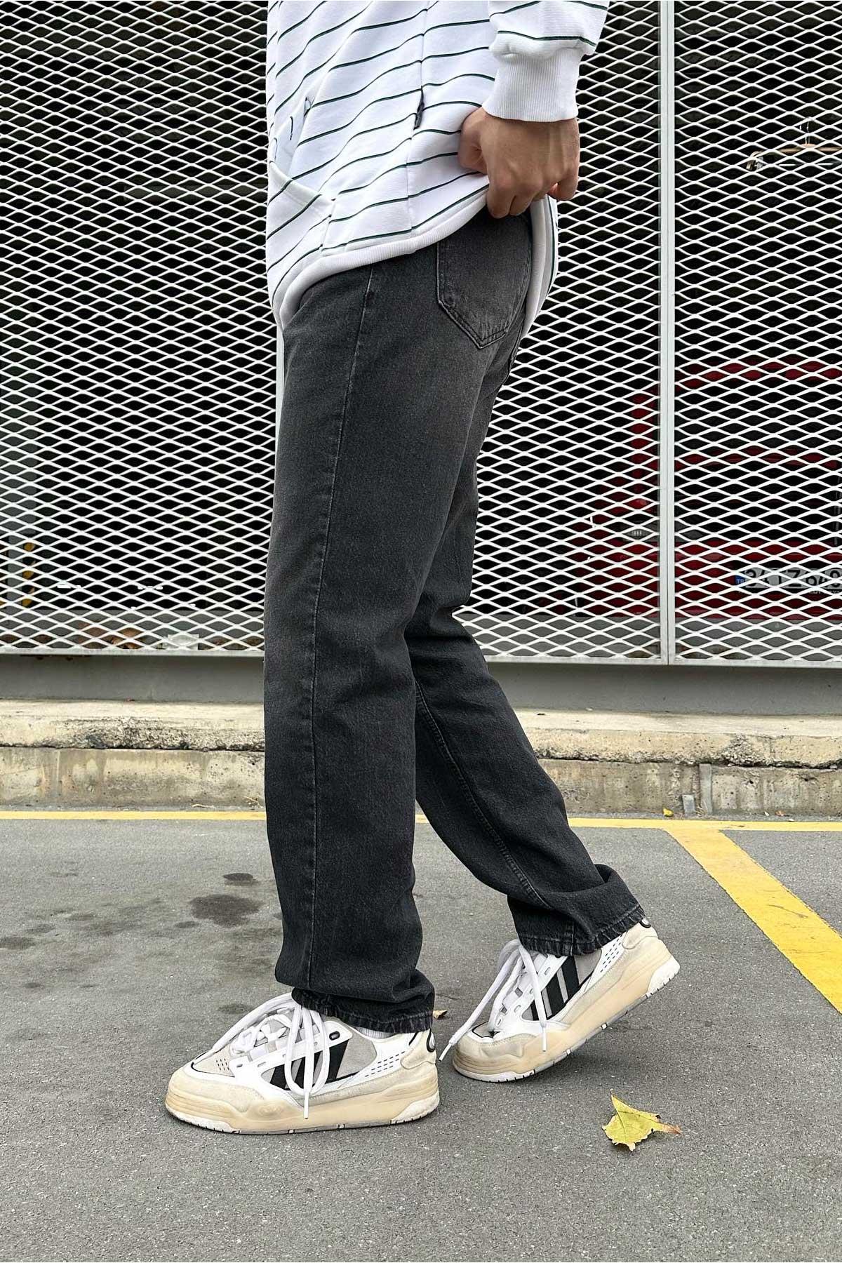 Koyu Gri Taşlamalı Baggy Pantolon