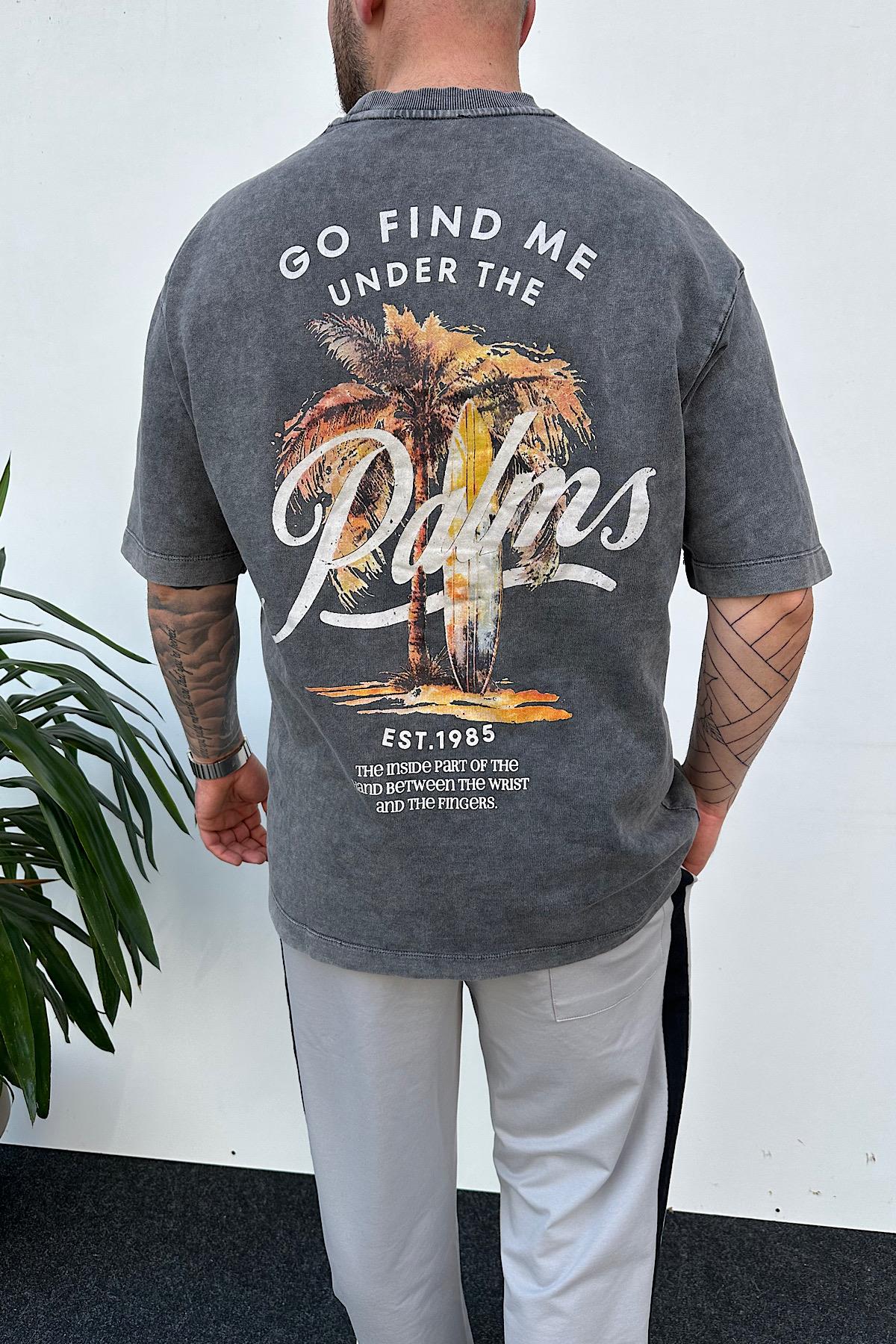 Koyu Gri Yıkamalı Palm's T-Shirt