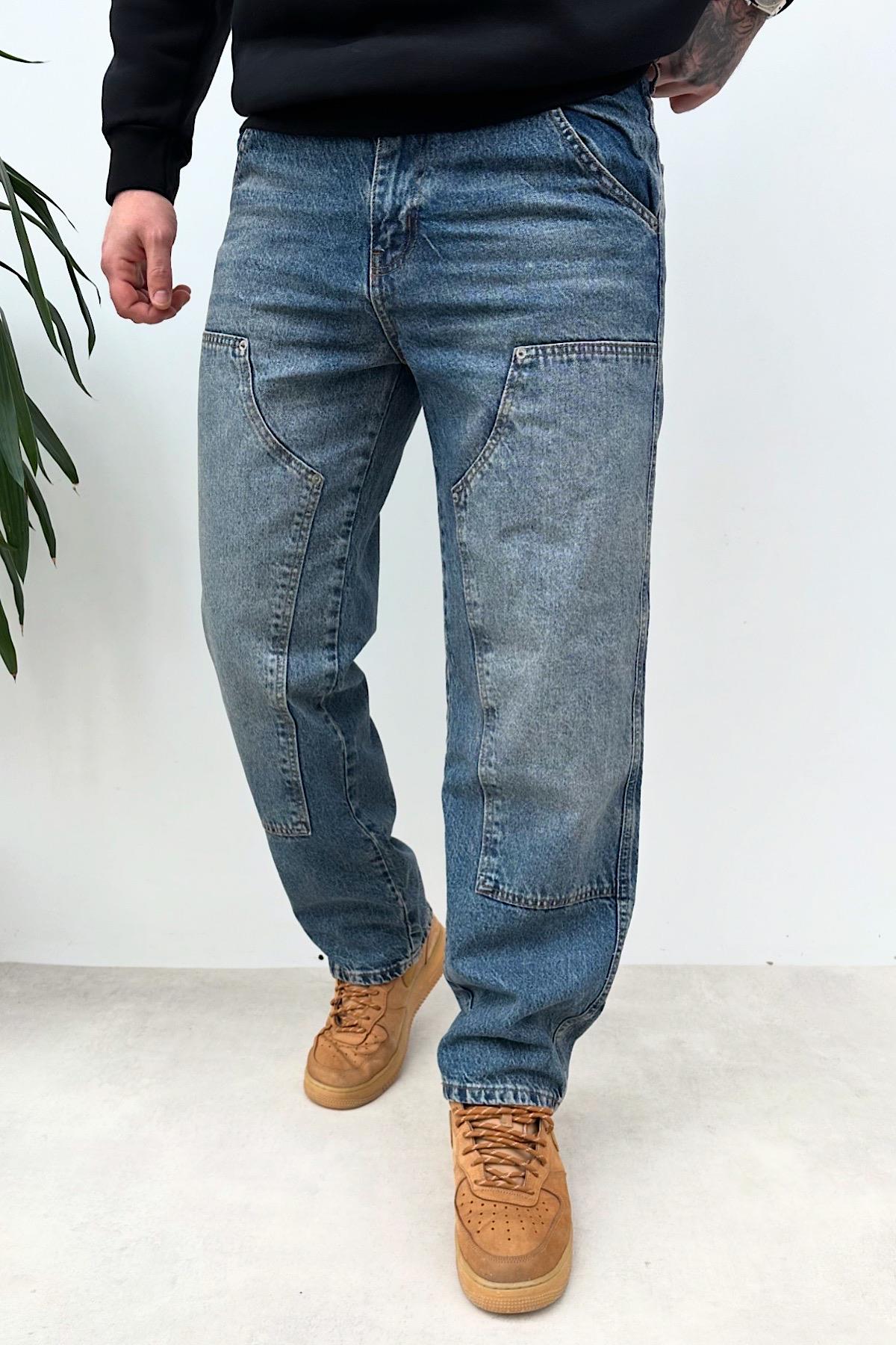 Koyu Mavi Parça Detaylı Baggy Jean