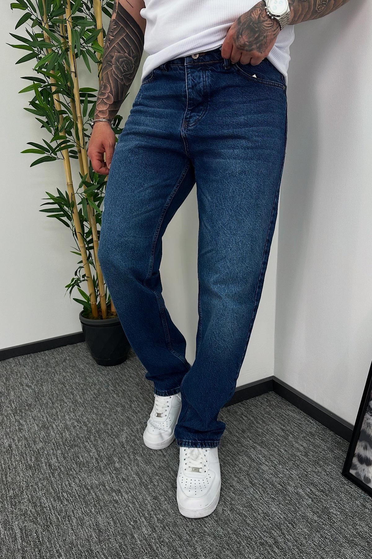 Koyu Mavi Yıkamalı Baggy Pantolon