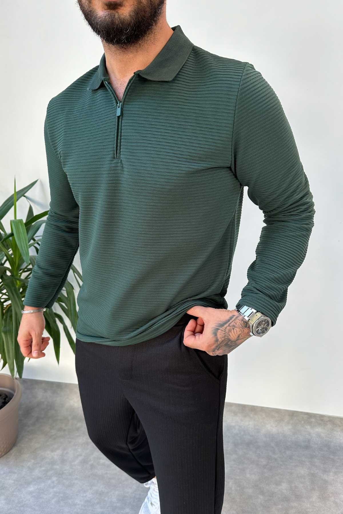 Koyu Yeşil Yarım Fermuarlı Fitilli Sweatshirt
