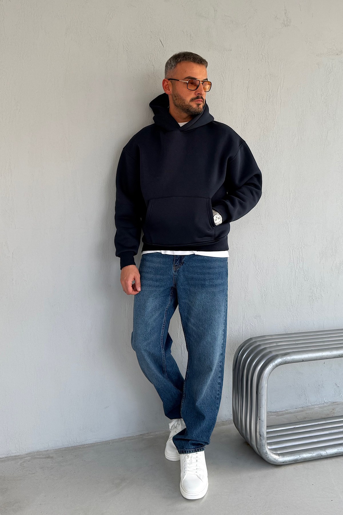 Lacivert Basic Kapşonlu Sweatshirt