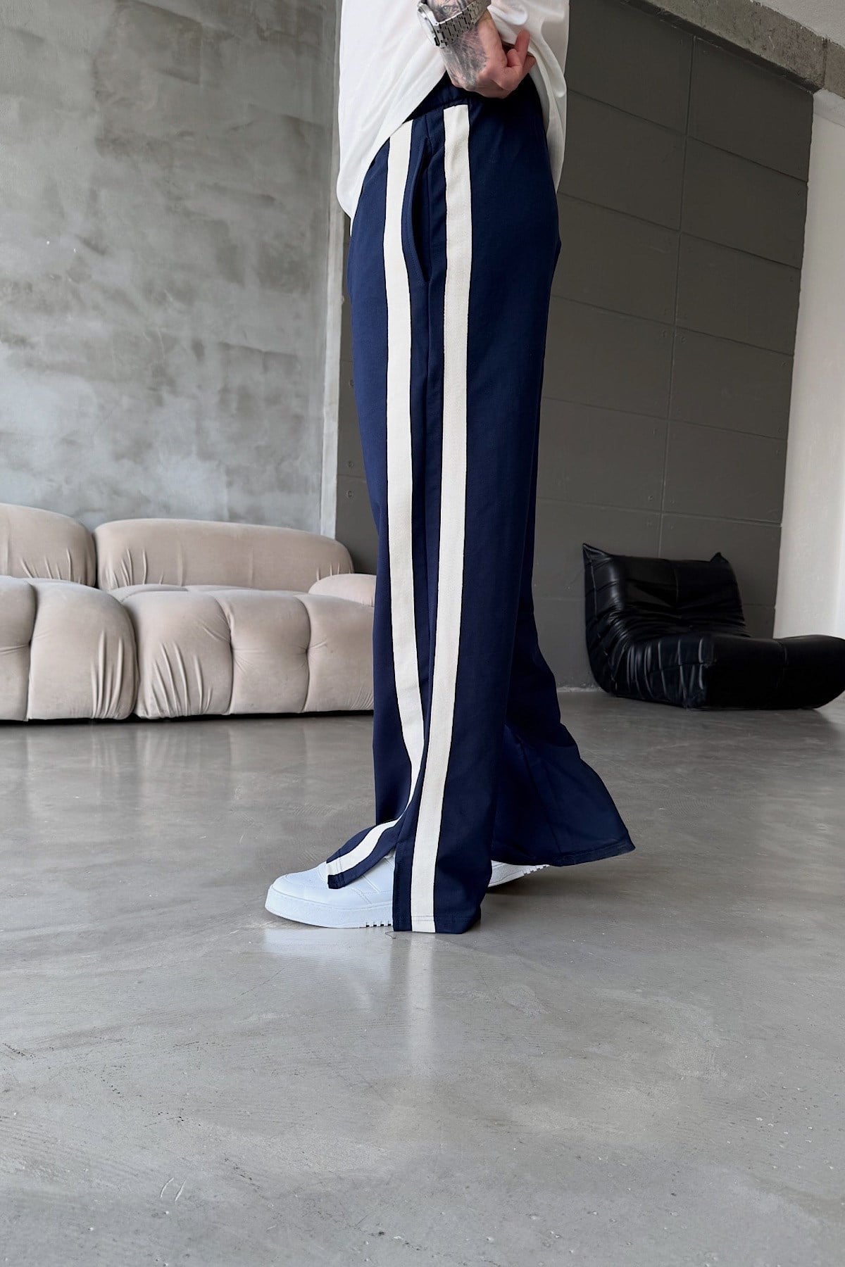 Lacivert Beyaz Şeritli Baggy Eşofman