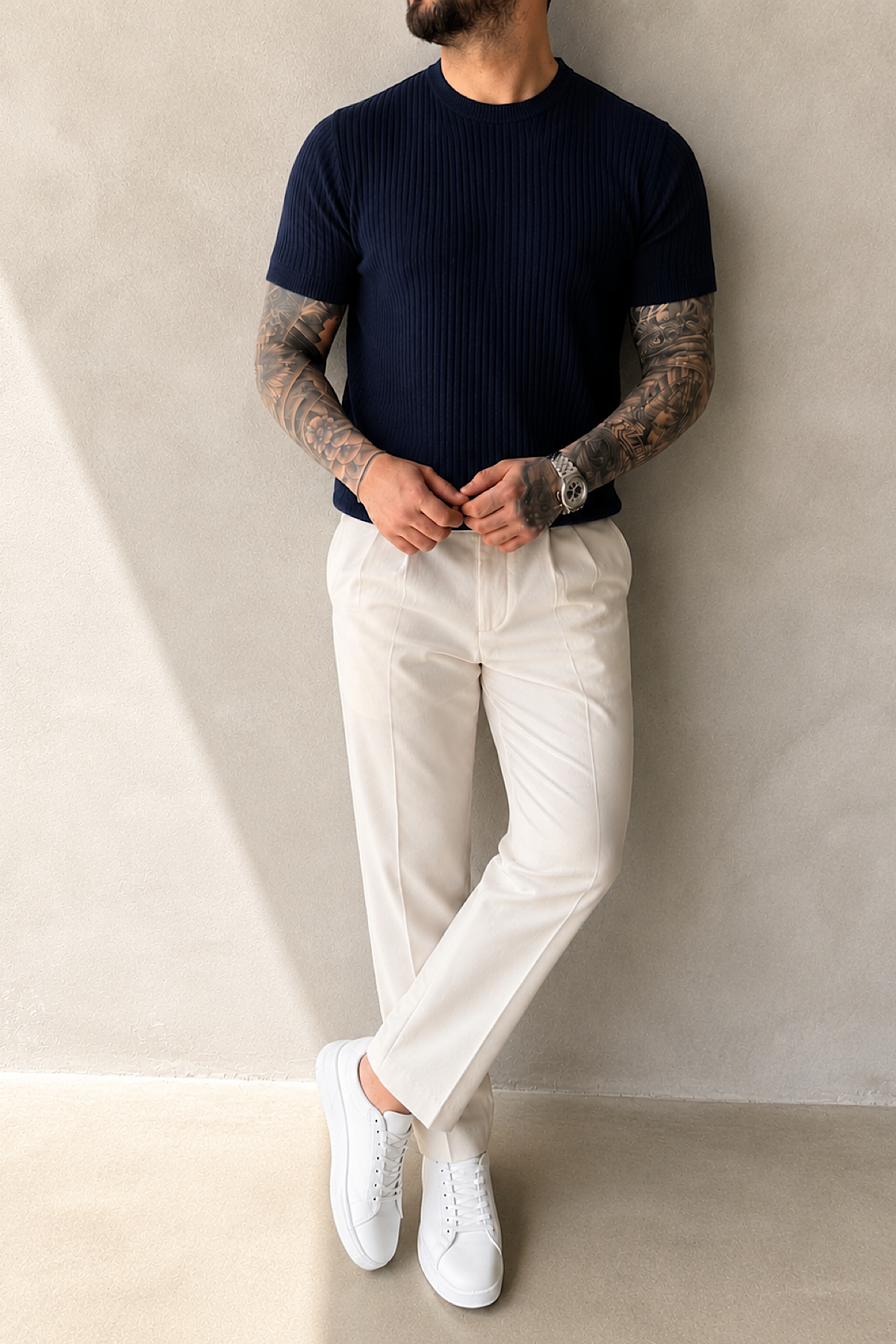 Lacivert Fitilli Basic T-Shirt