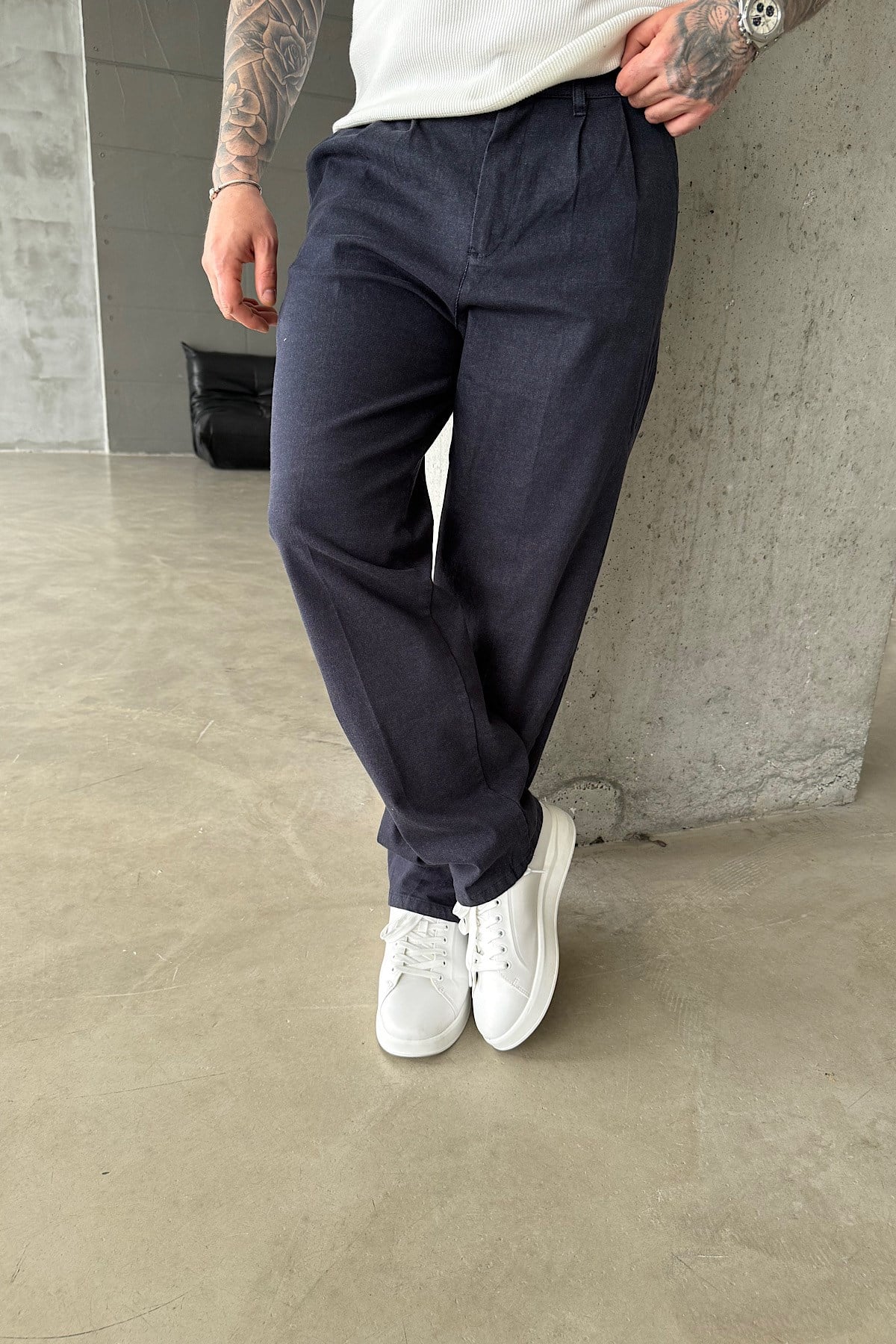 Lacivert Kanvas Pileli Baggy Pantolon 