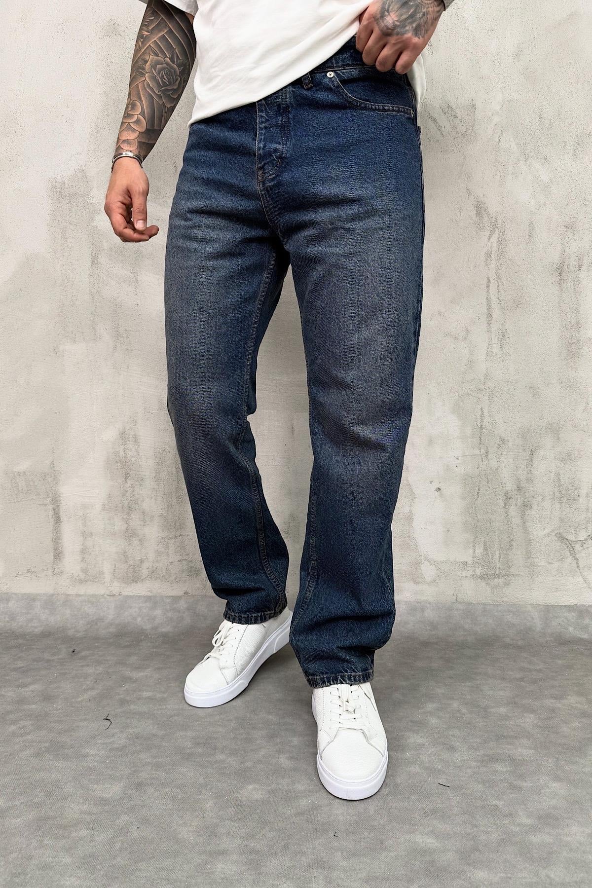 Lacivert Yıkamalı Baggy Pantolon 