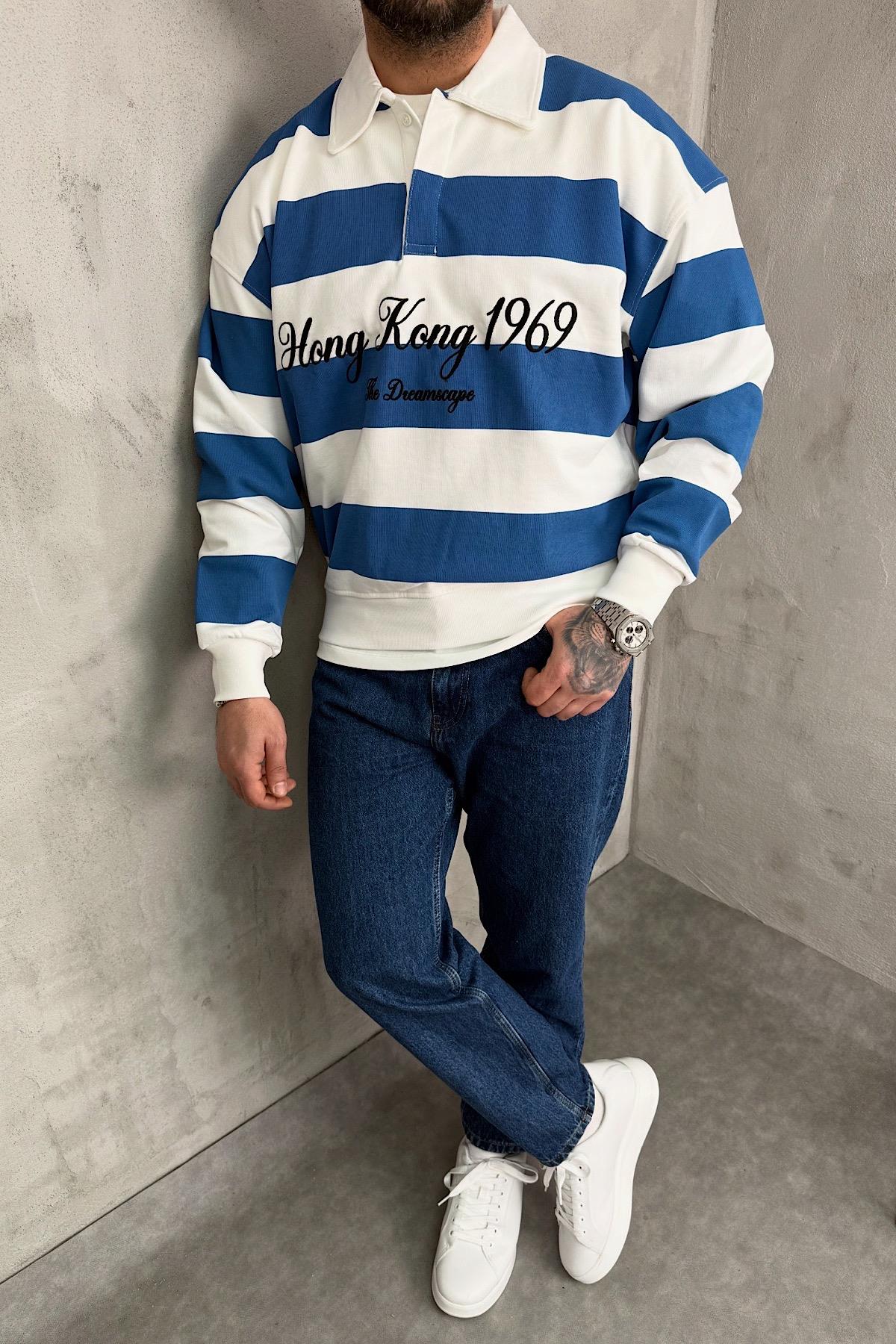 Mavi Beyaz Çizgili Polo Yaka Sweatshirt