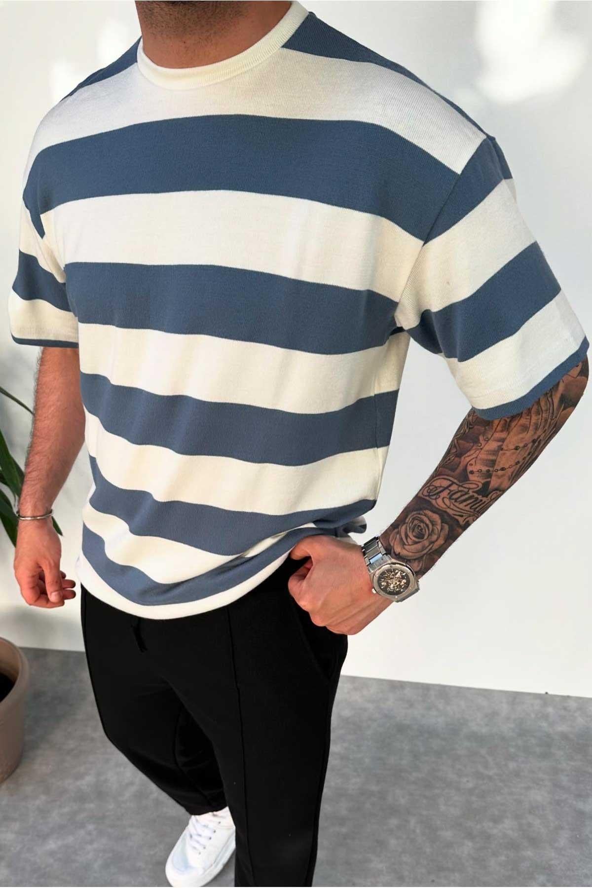 Mavi Beyaz Triko Kumaş Oversize T-Shirt