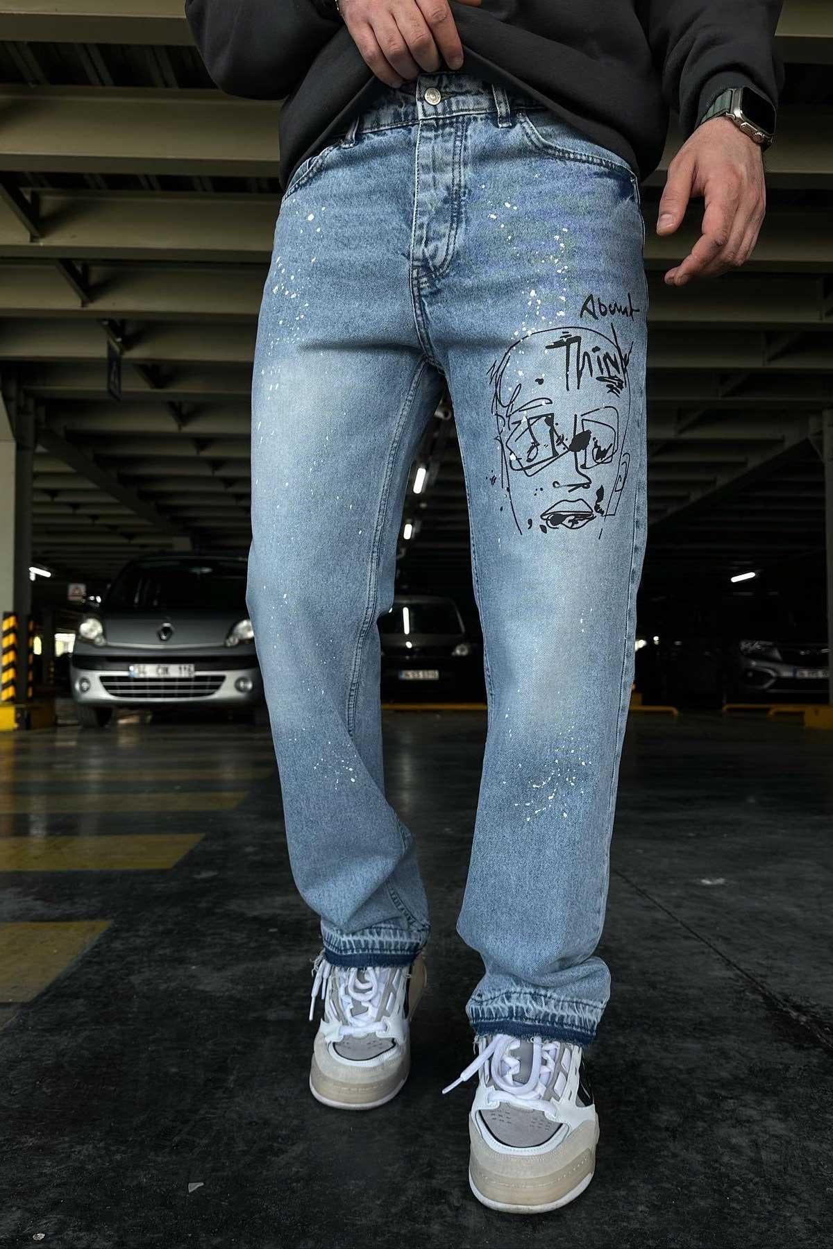 Mavi Desenli Baggy Jean