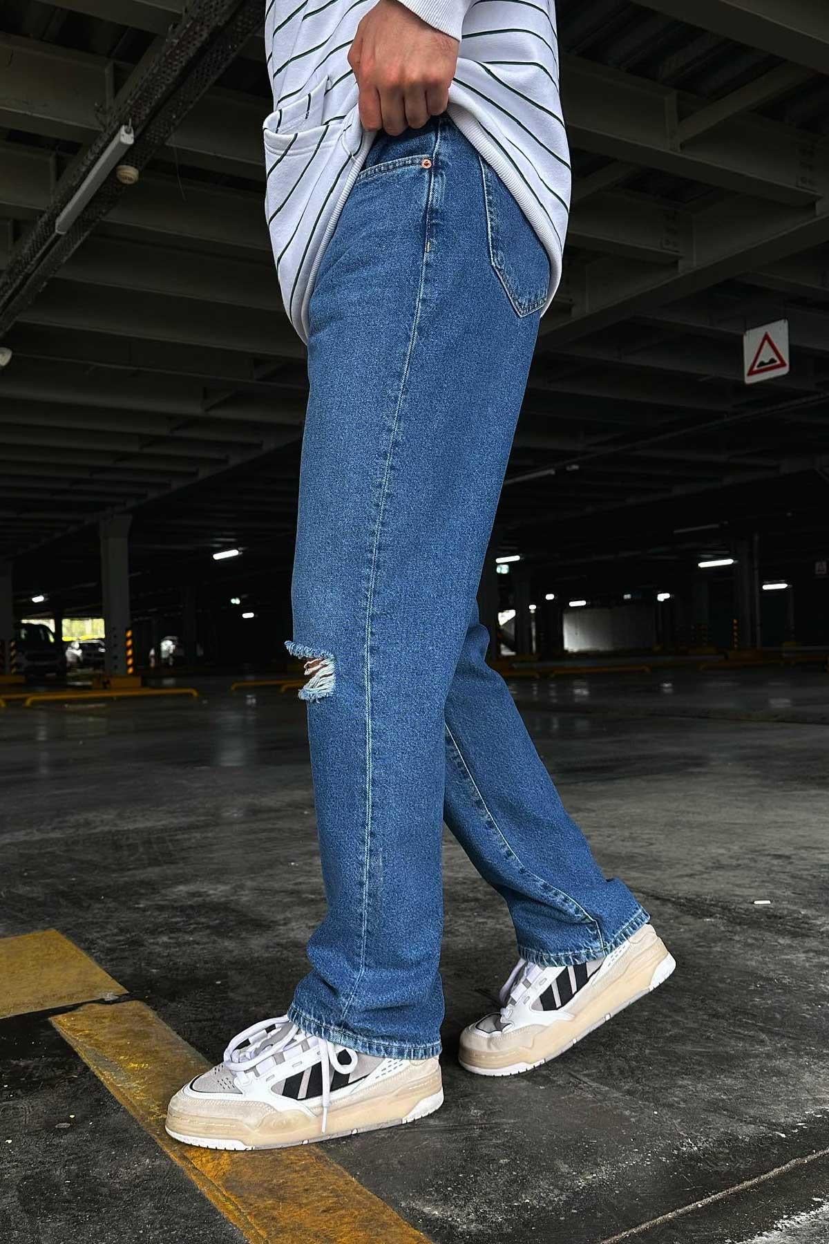 Mavi Dizi Yırtık Baggy Jean 