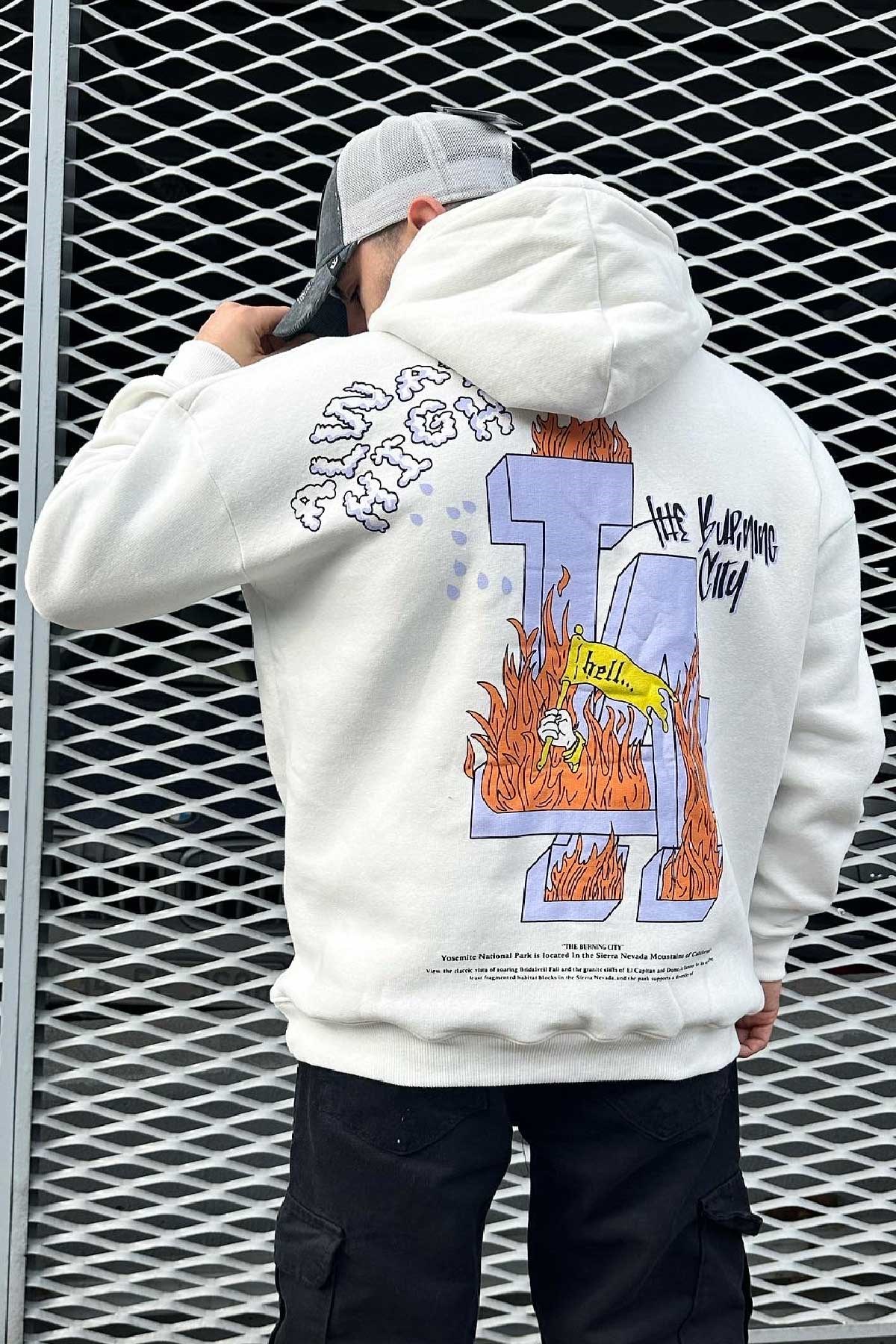 Normal Kalıp Beyaz Baskılı Sweatshirt