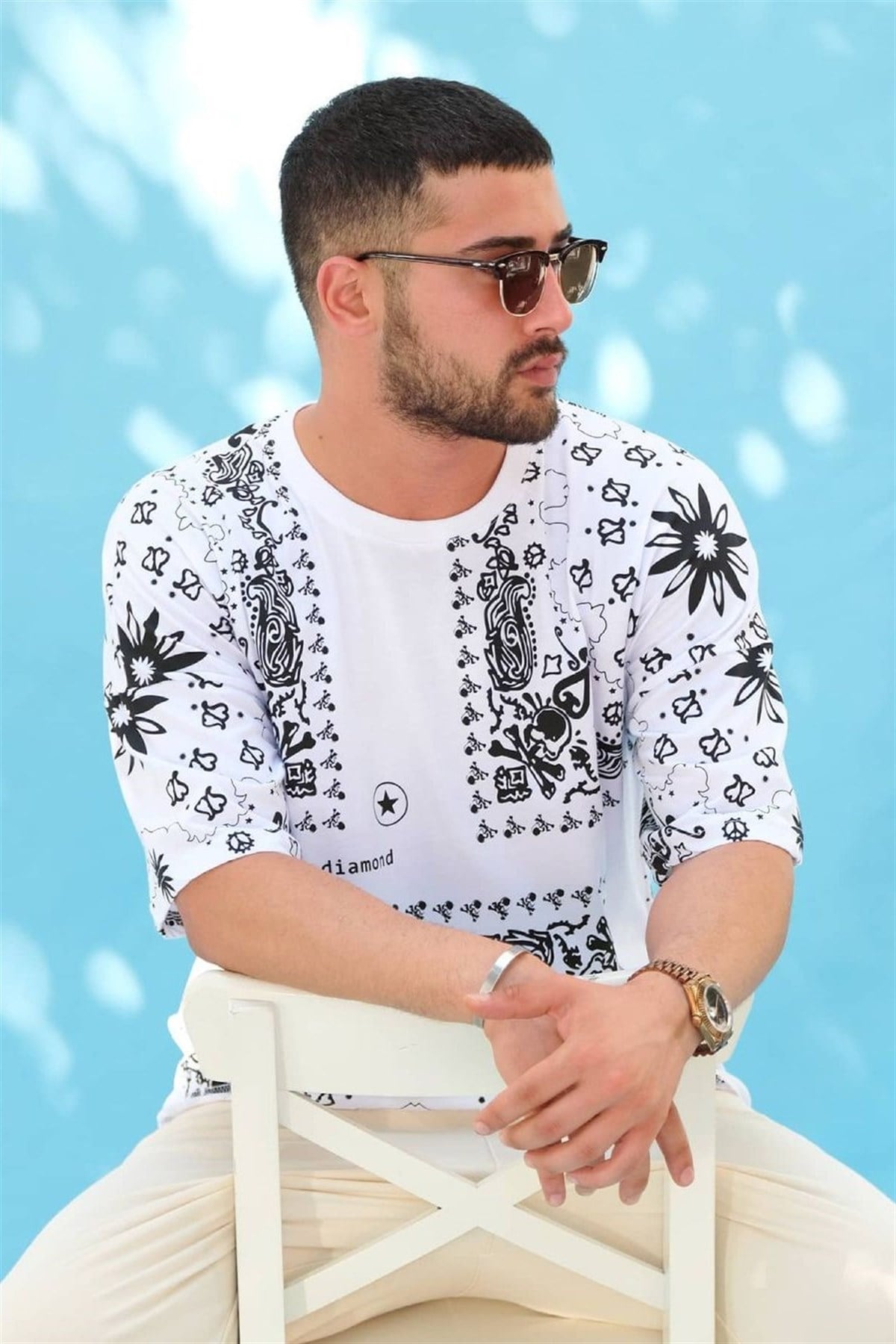 Oversize Desenli Beyaz T-Shirt