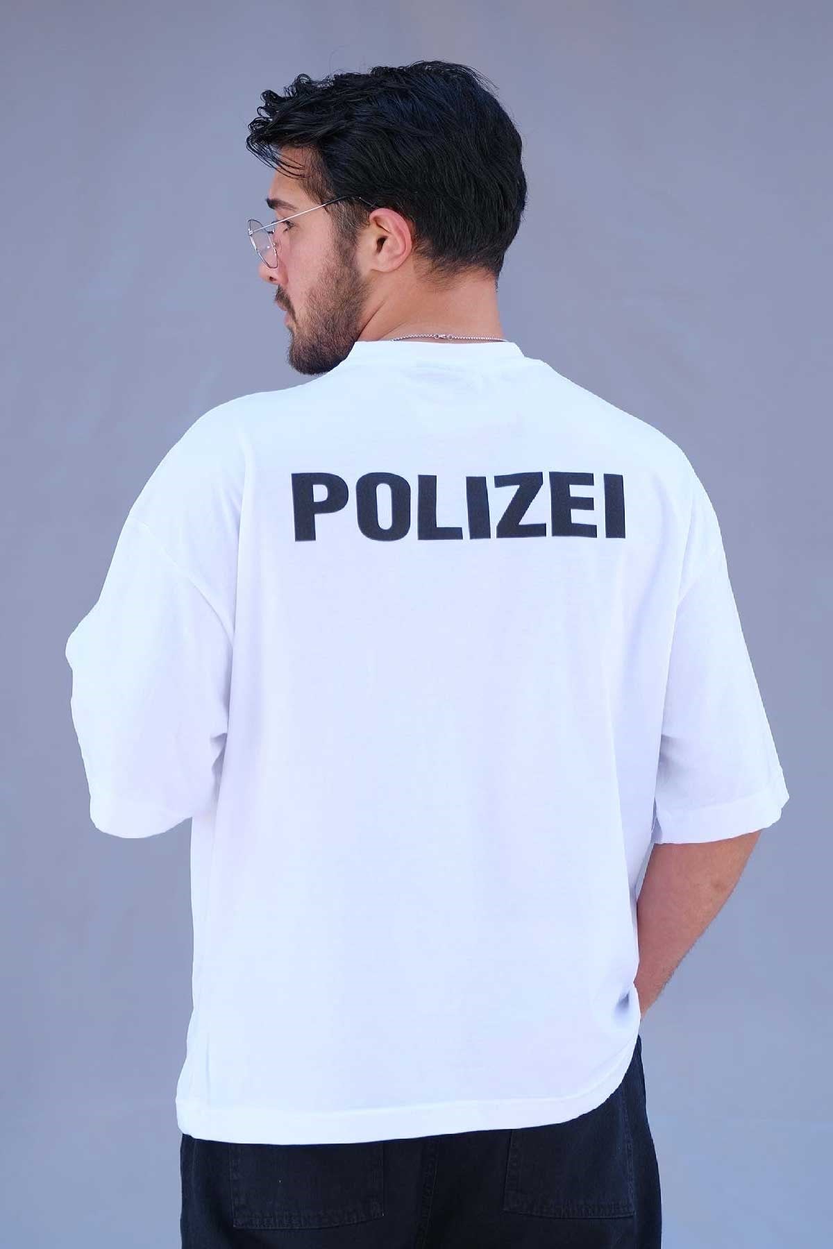 Oversize Polizei T-Shirt Beyaz