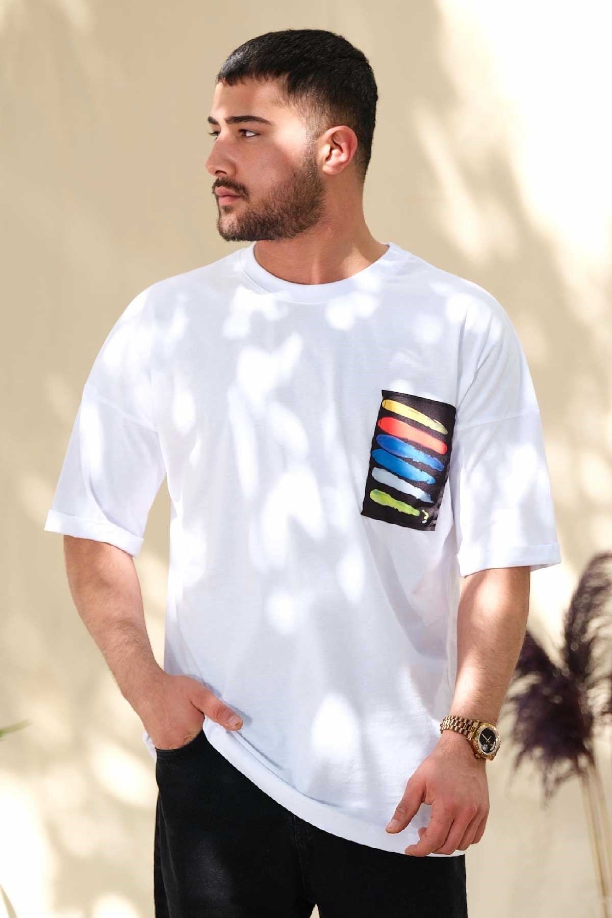 Oversize Renk Desenli Beyaz T-Shirt