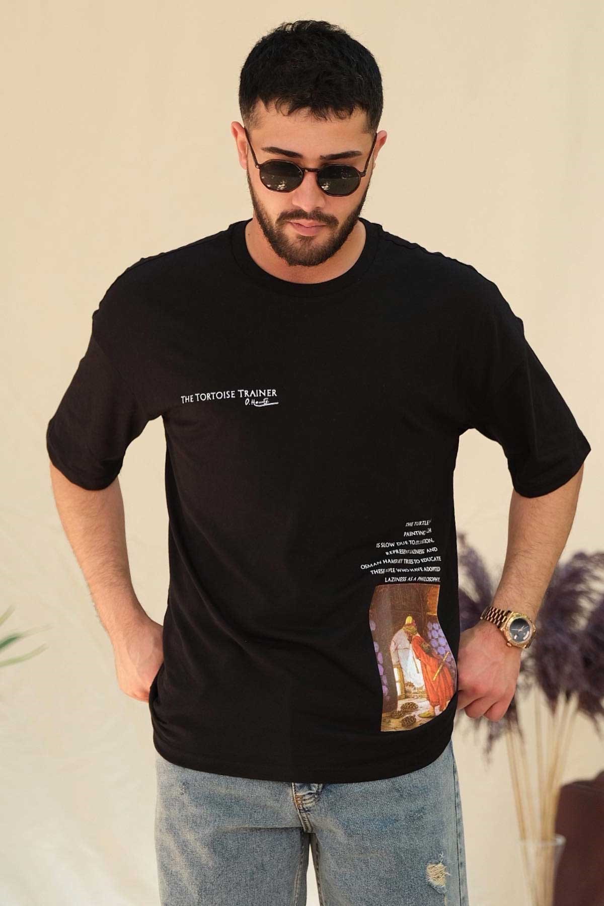 Oversize Siyah Baskılı T-Shirt