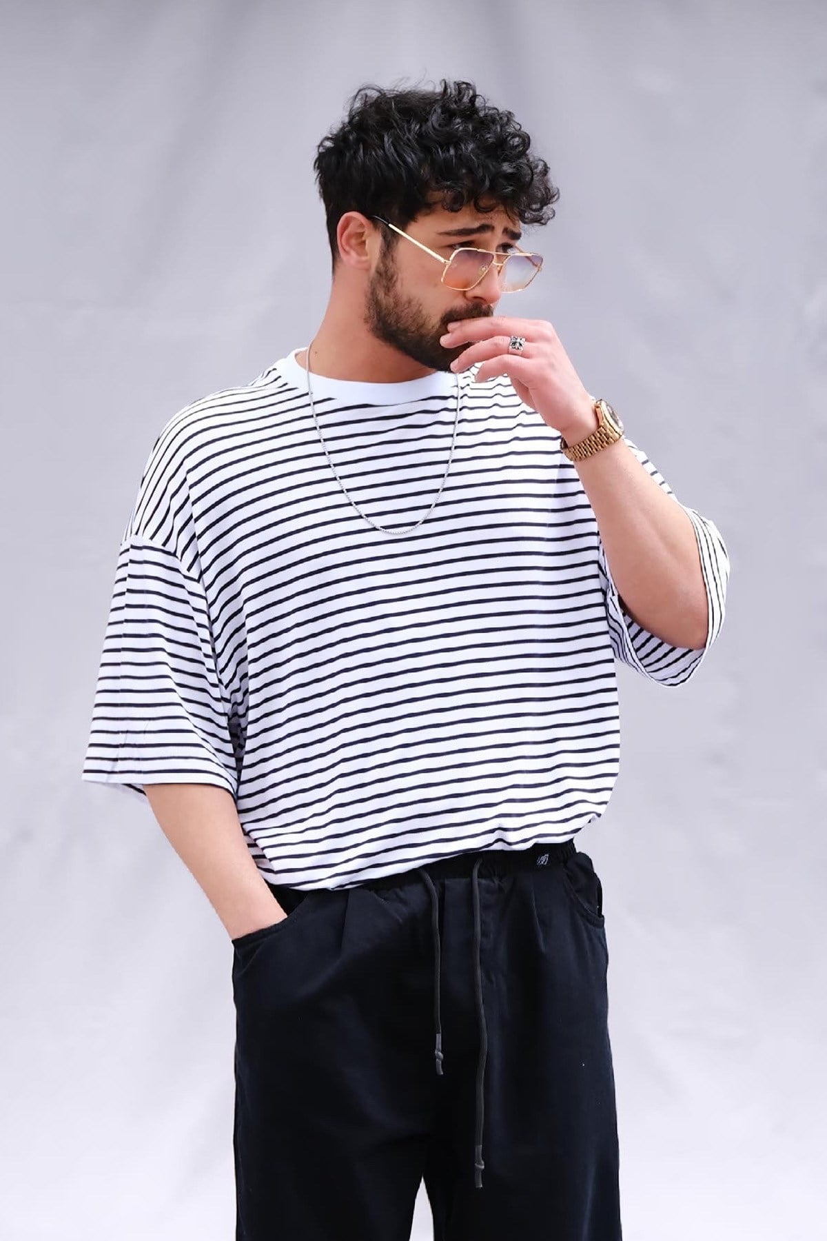 Oversize Siyah Beyaz Çizgili T-Shirt