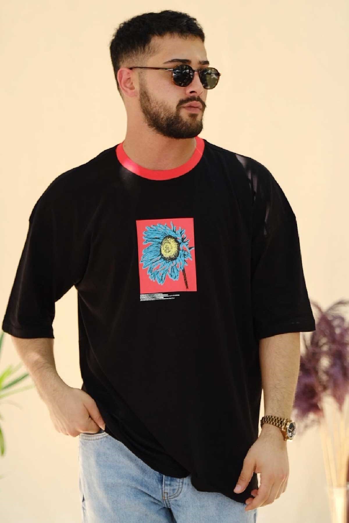 Oversize Siyah Flower T-Shirt