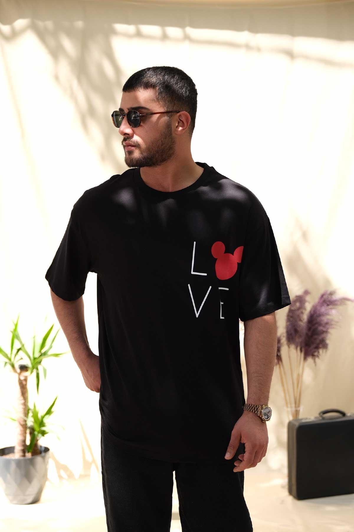 Oversize Siyah Love T-Shirt 