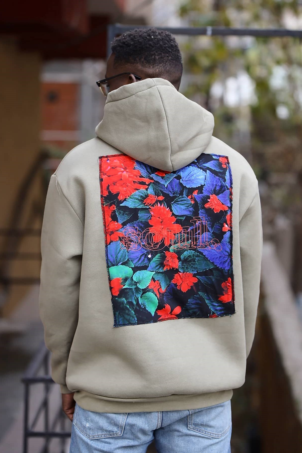 Oversize Soul Arkası Baskılı Kapüşonlu Sweatshirt Bej 