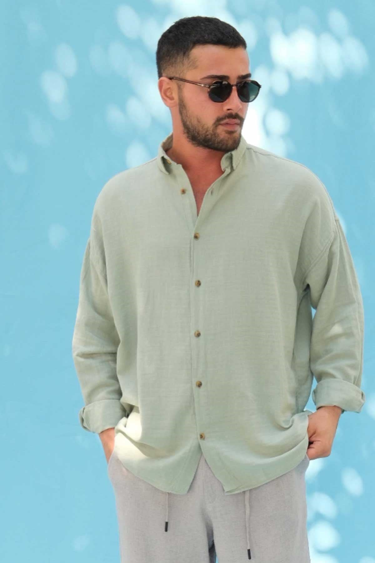 Oversize Su Yeşili Keten Gömlek