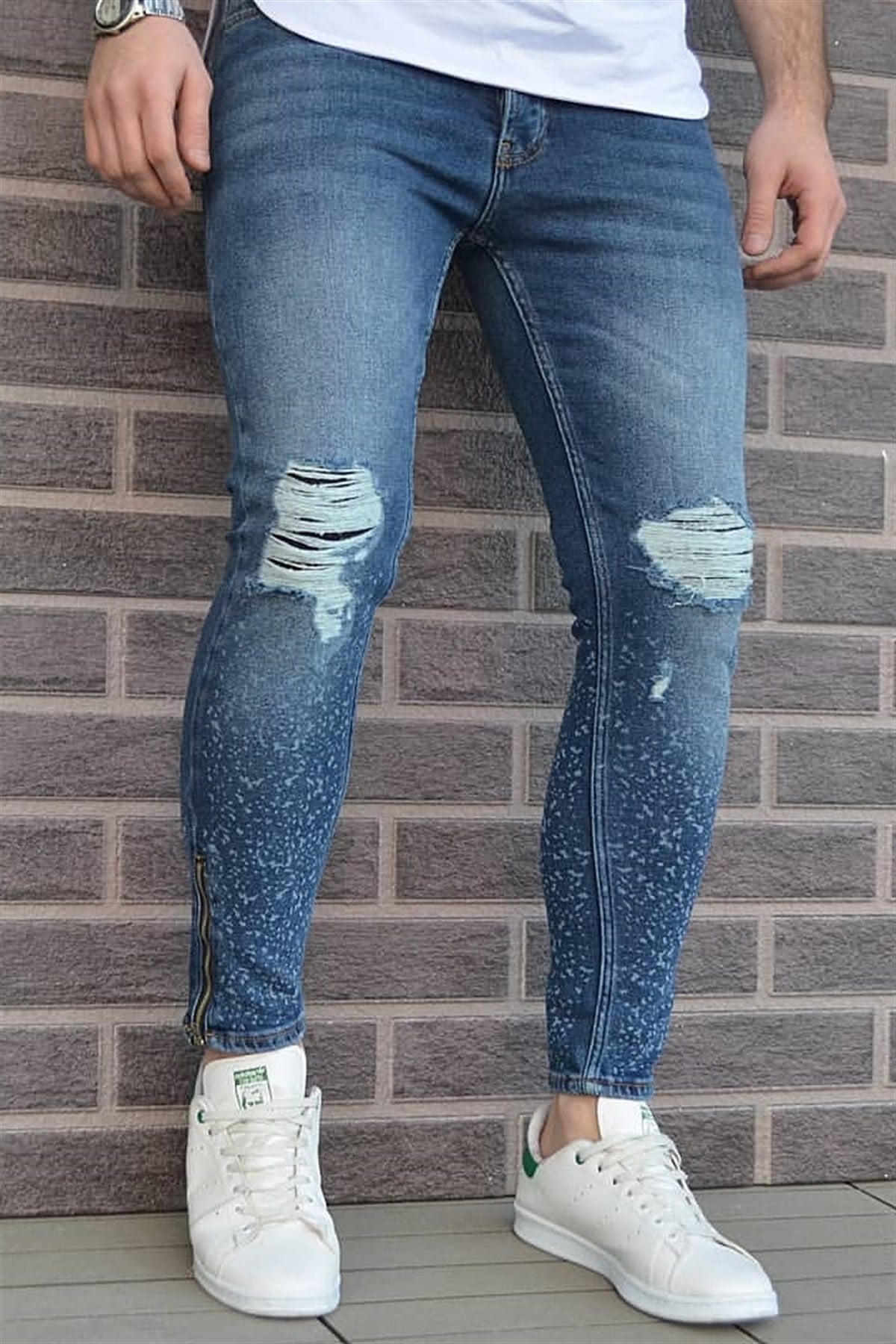 Paça Fermuarlı Yırtık Detay Skinny Jeans Mavi