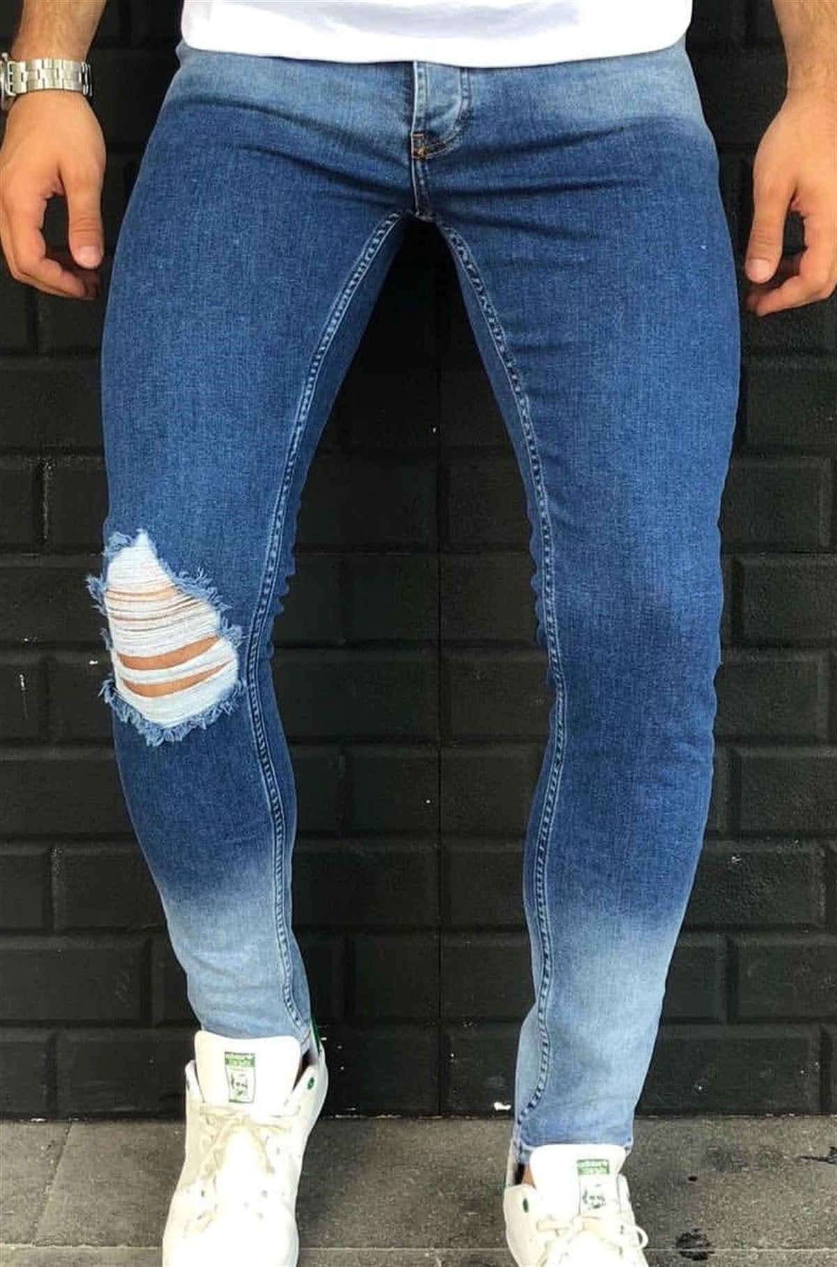 Paça Renk Yırtık Detay Skinny Jeans Mavi