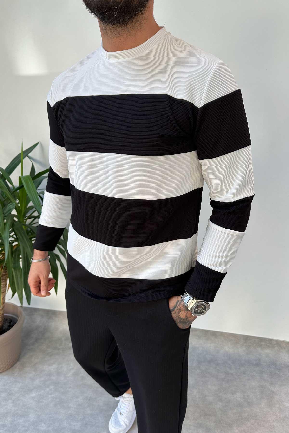Siyah Beyaz Parçalı Fitilli Sweatshirt