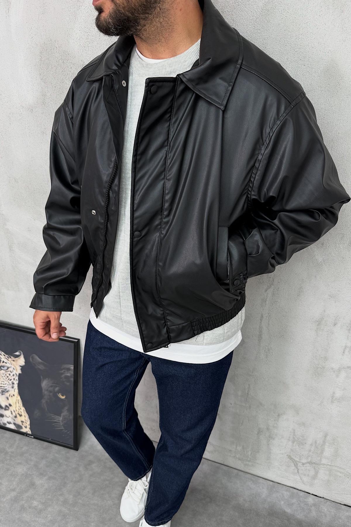 Siyah Deri Bomber Ceket 