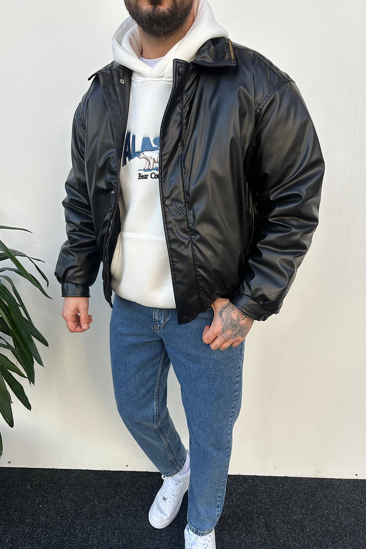 Siyah Deri Bomber Mont