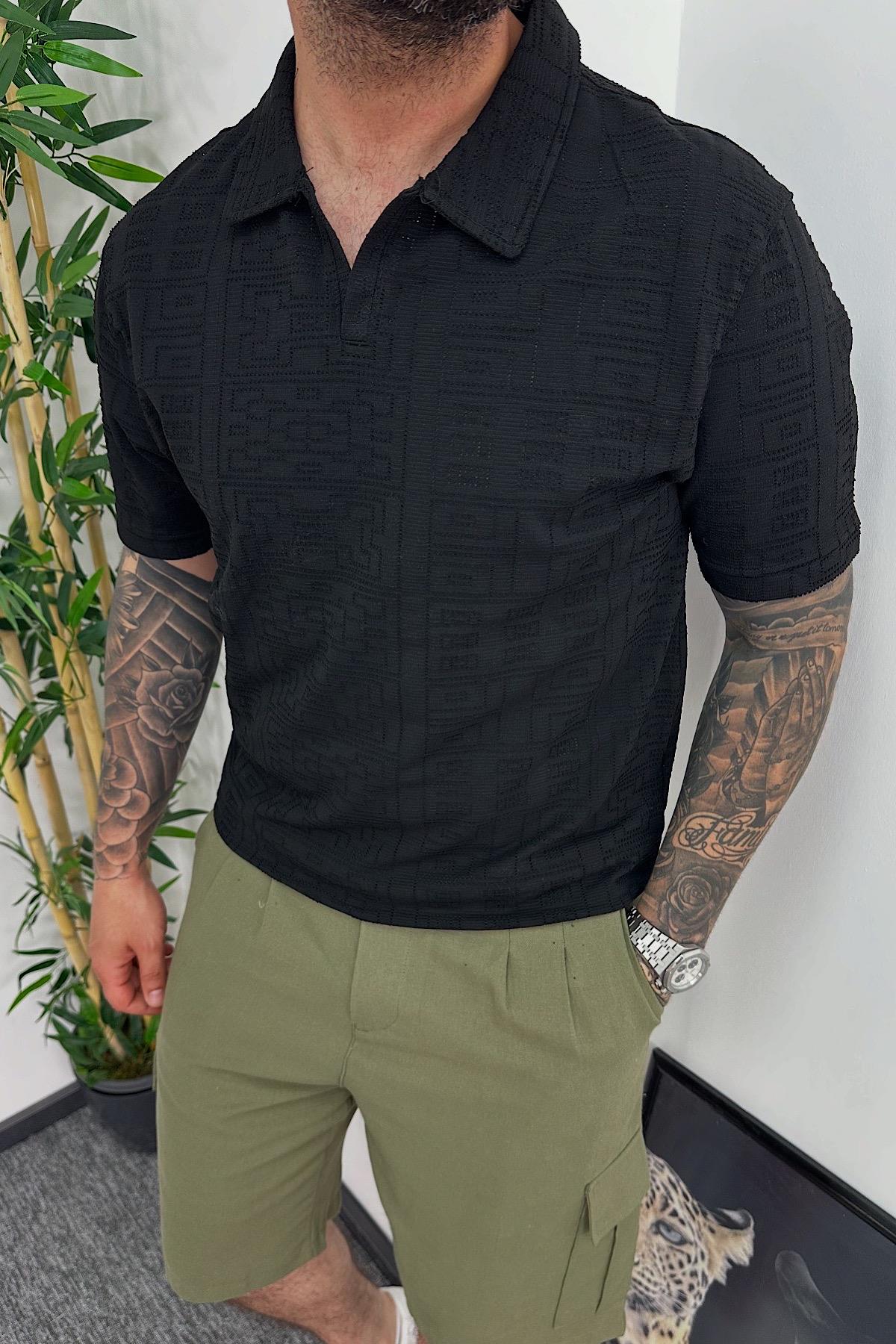 Siyah Desenli Polo Yaka T-Shirt