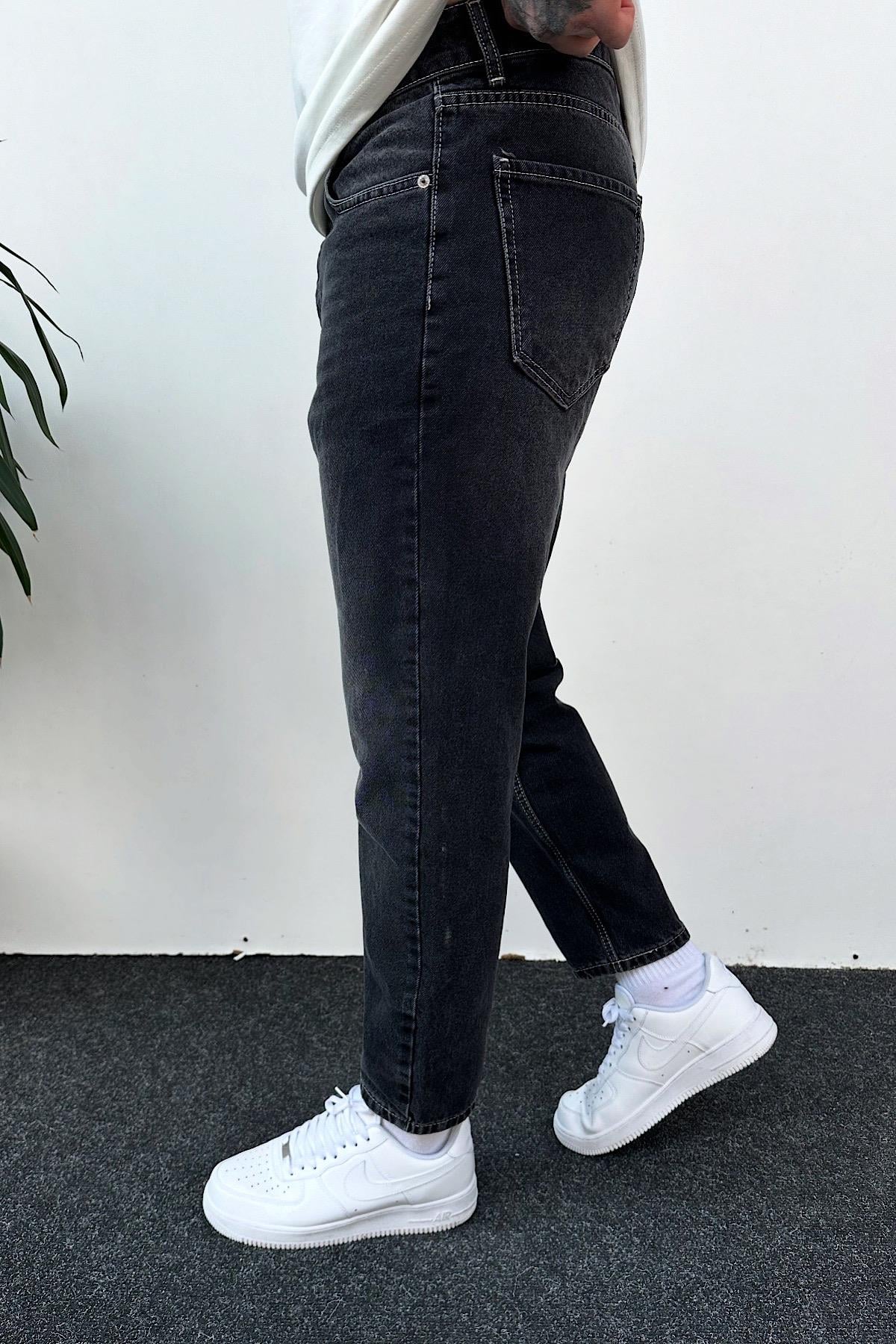 Siyah Eskitme Detaylı Boyfirend Pantolon